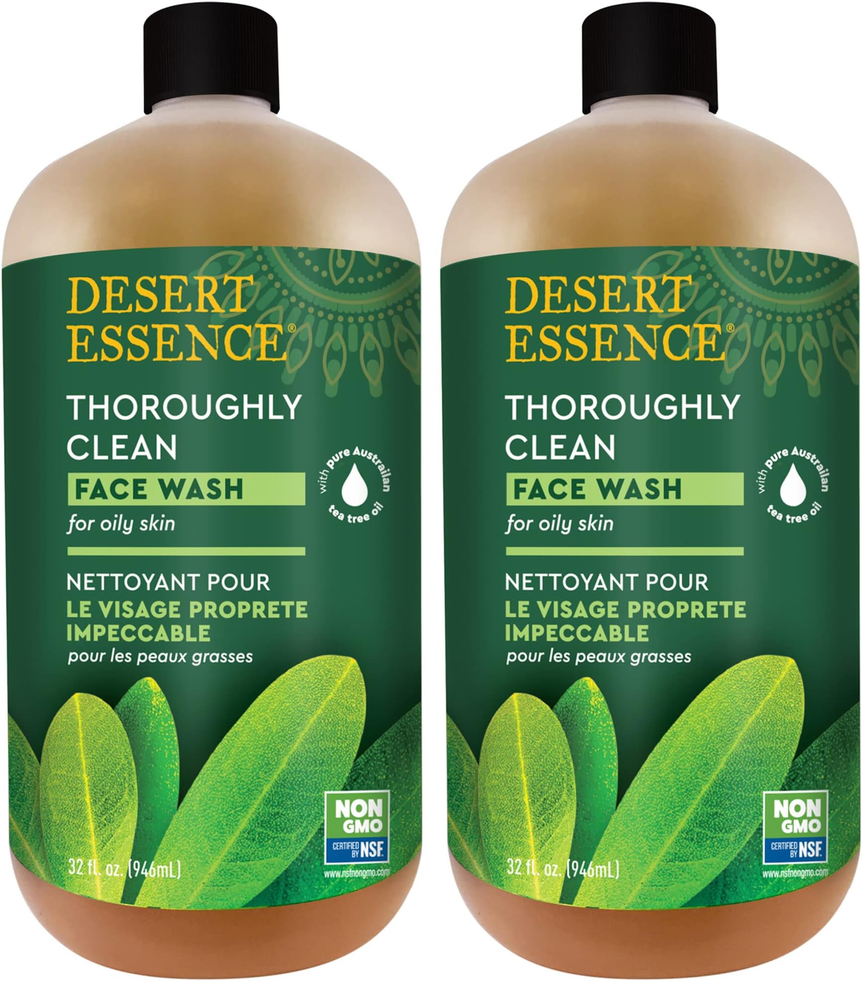 Desert Essence Thoroughly Clean Face Wash - Original - 32 Fl Oz - Pack of 2 -Tea Tree Oil -For Soft Radiant Skin - Gentle Cleanser - Extracts Of Goldenseal, Awapuhi, & Chamomile Essential Oils