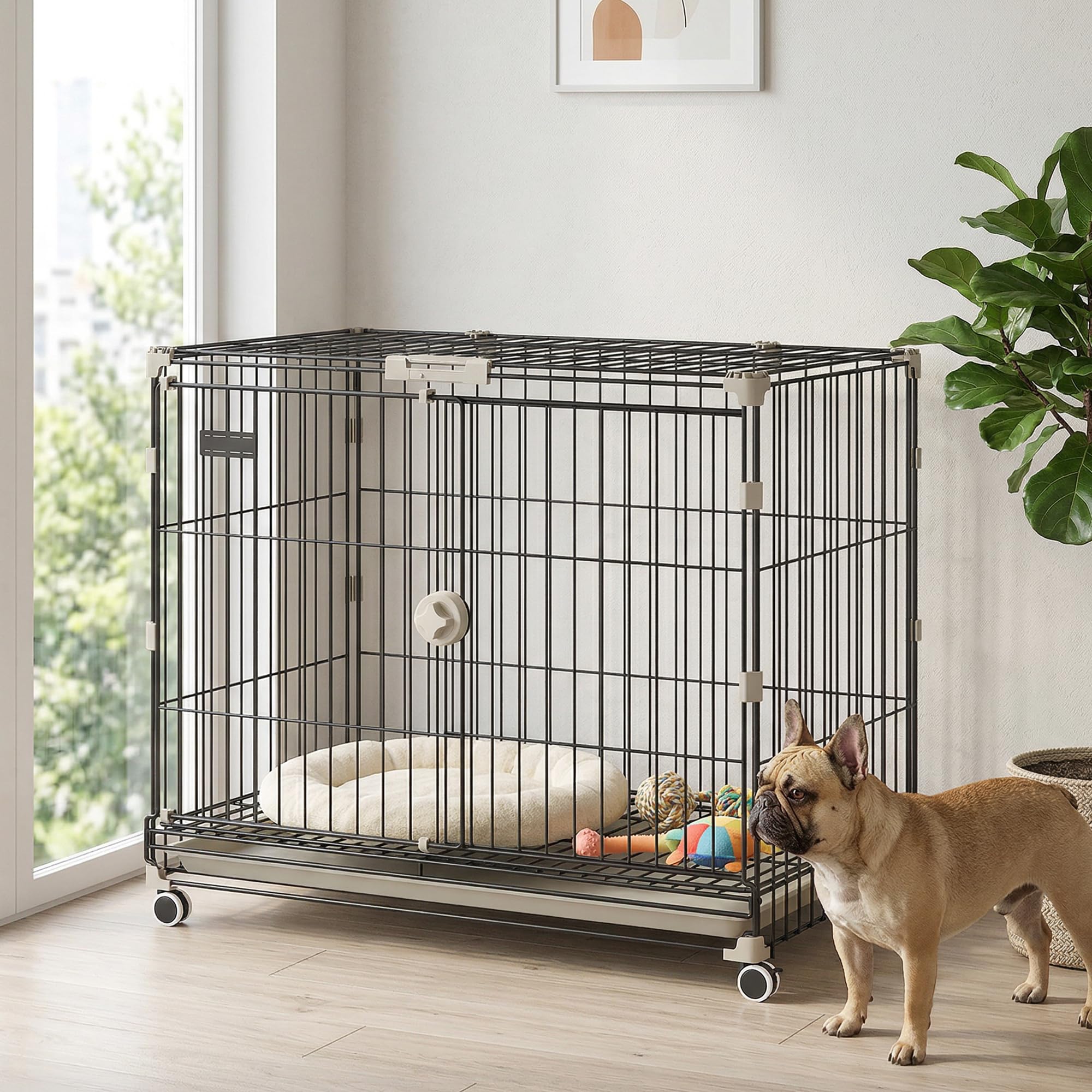 PawHut Cage pour Chien, Plateau Amovible, Roues avec Freins, Toit Ouvrant Verrouillable, Niche Chien Interieur pour Petits et Moyens Chiens, 75,5x46x64,5cm, Noir