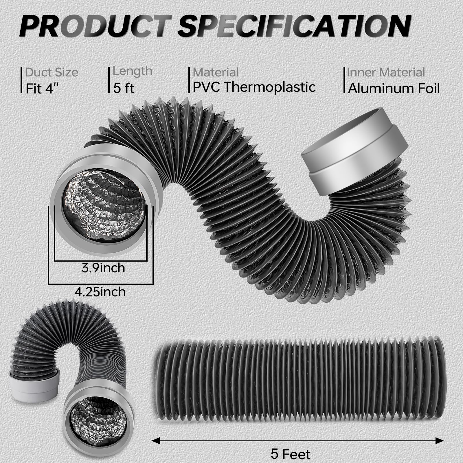 Tuyau d'aération de sèche-linge de 1,5 m, 10,2 cm, conduit de sèche-linge flexible en aluminium robuste à 6 couches avec connecteurs joints en caoutchouc, tuyau d'échappement facile à installer et