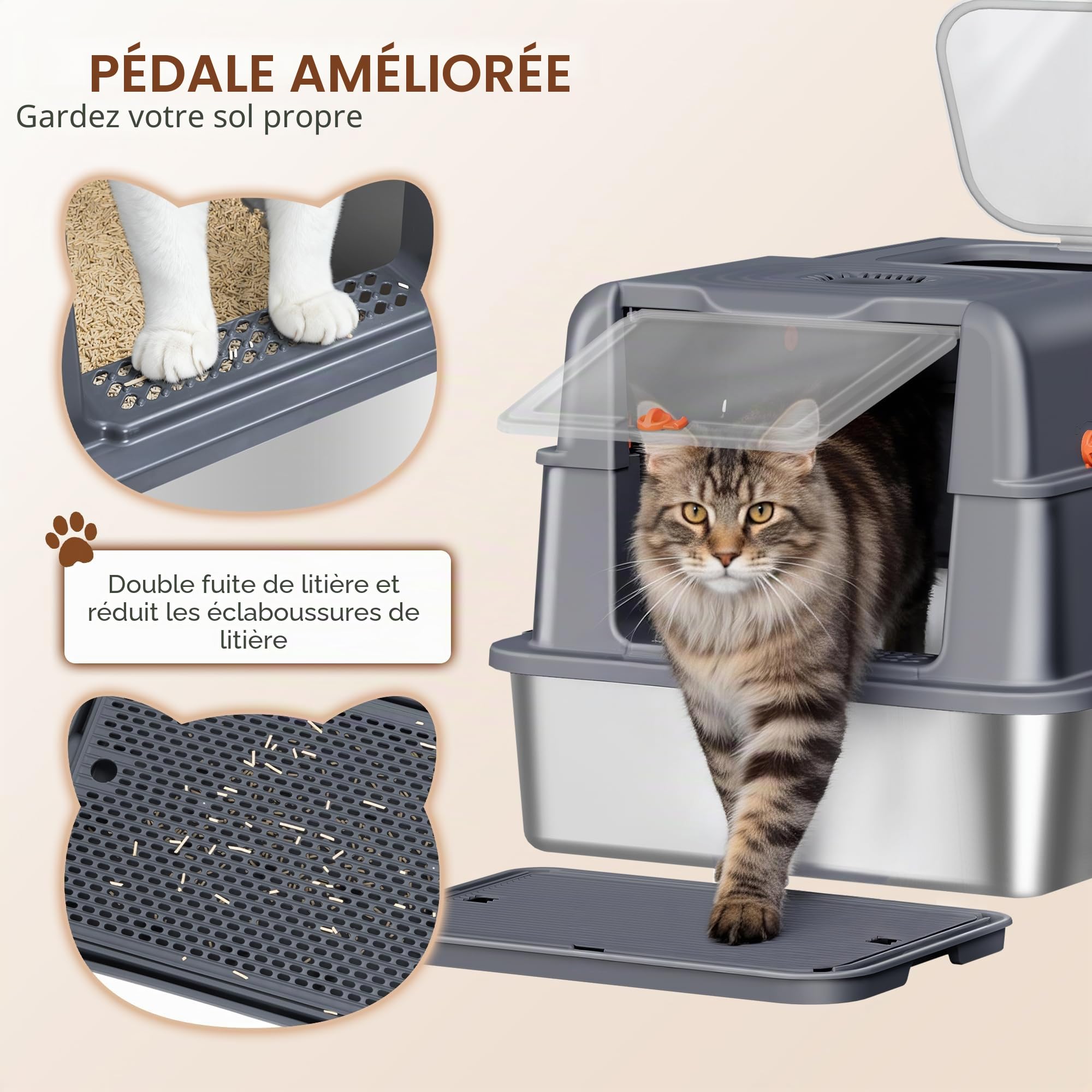 Bac à Litière en Acier Inoxydable XXXL, 70x50x42 cm, Gris Foncé | Bac à Litière Métallique Fermé avec Couvercle, 105° Couvercle à Charnière, Pédale et Pelle Incluse, Deux Portes FPLB206SG2