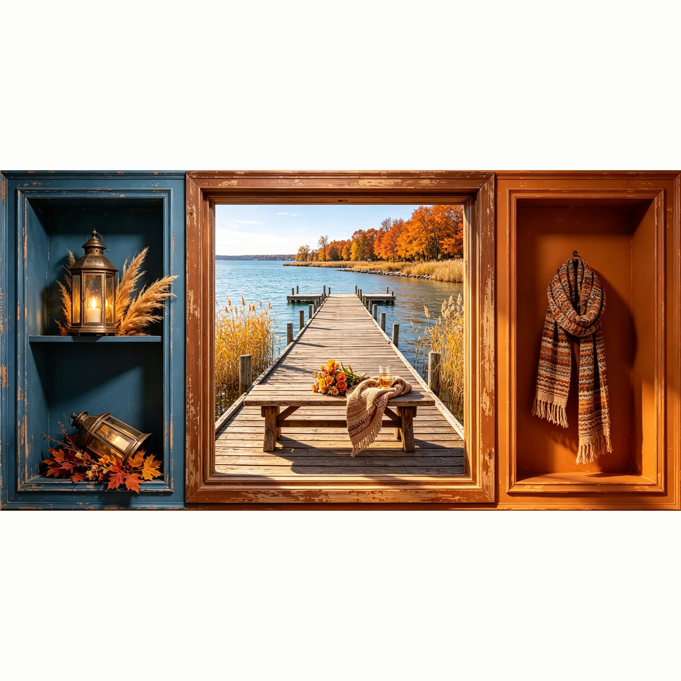 QZLITHOTIC 50x100cm 3D Framed Wall Art， Autumn Lake Pier Landscape Trompe L'oeil Self‑Adhesive Mural， Water‑Activated Peel & Stick Fabric Decor Wall Decal for Bedroom Living Room