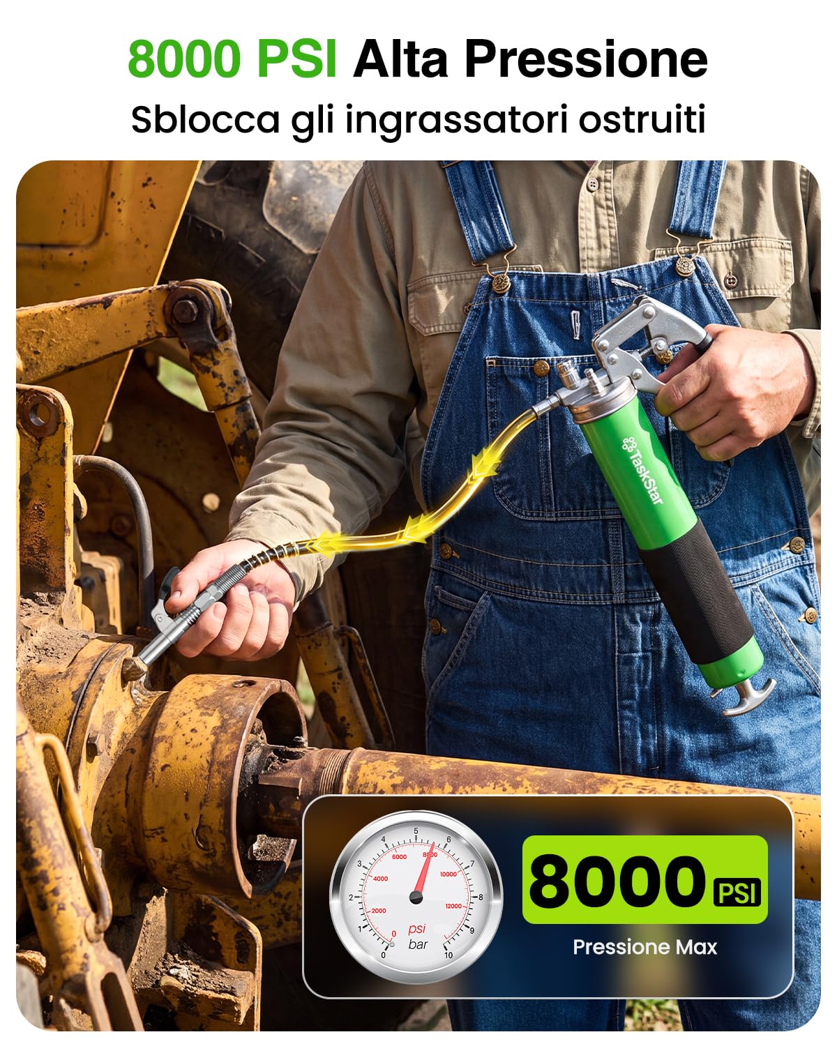 TaskStar Ingrassatore Manuale 8000 PSI, Tubo Flessibile 45cm, 5 raccordi | Capacità 400cc, Raccordo a sgancio rapido, Compatibile Cartucce e Grasso Sfuso, per Auto, Macchinari Agricoli e Officina