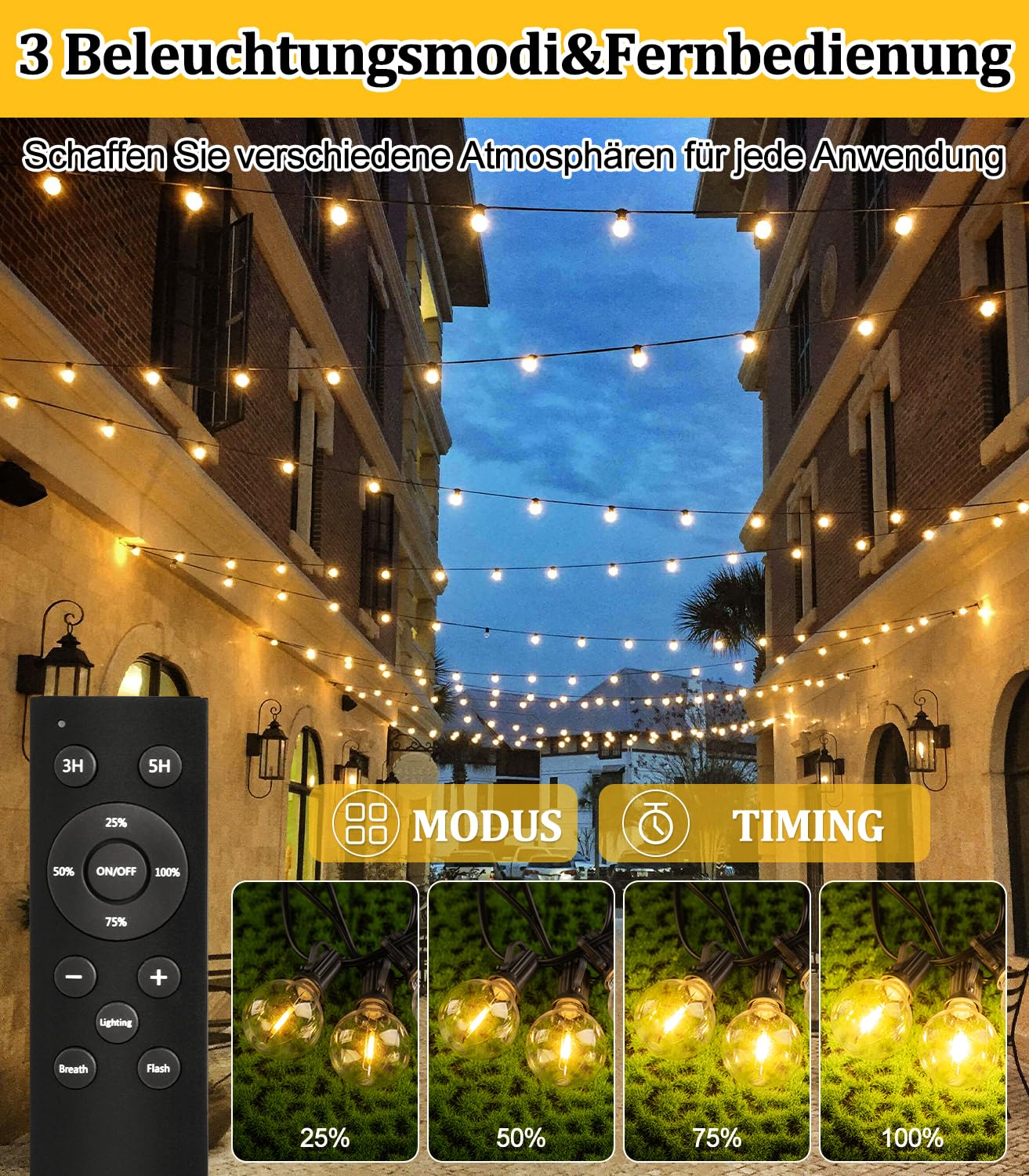Solar Fernbedienung Lichterkette LED Aussen - 15M 50FT G40 LED Outdoor Solarlichterkette 3 Modi mit Wetterfest G40 Glühbirne IP44 Wasserdich Aussen Lichterketten für Balkon Garten Pavillon Terrasse