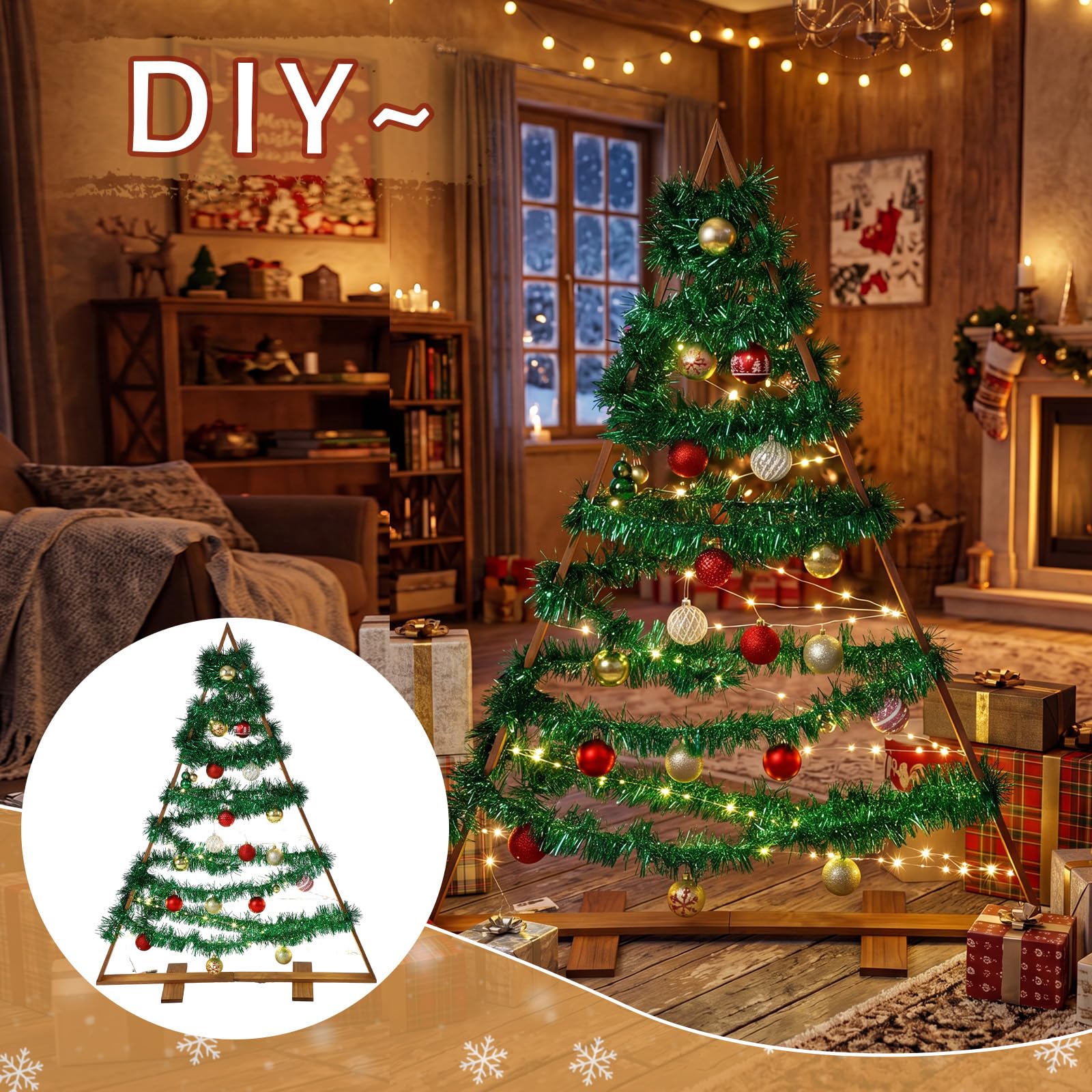 Tuanse Grand sapin de Noël lumineux en bois de 1,2 m avec fil de cuivre de 20,1 m, cadre en bois lumineux rustique pour cheminée, porche, cour, terrasse, jardin, piles non incluses