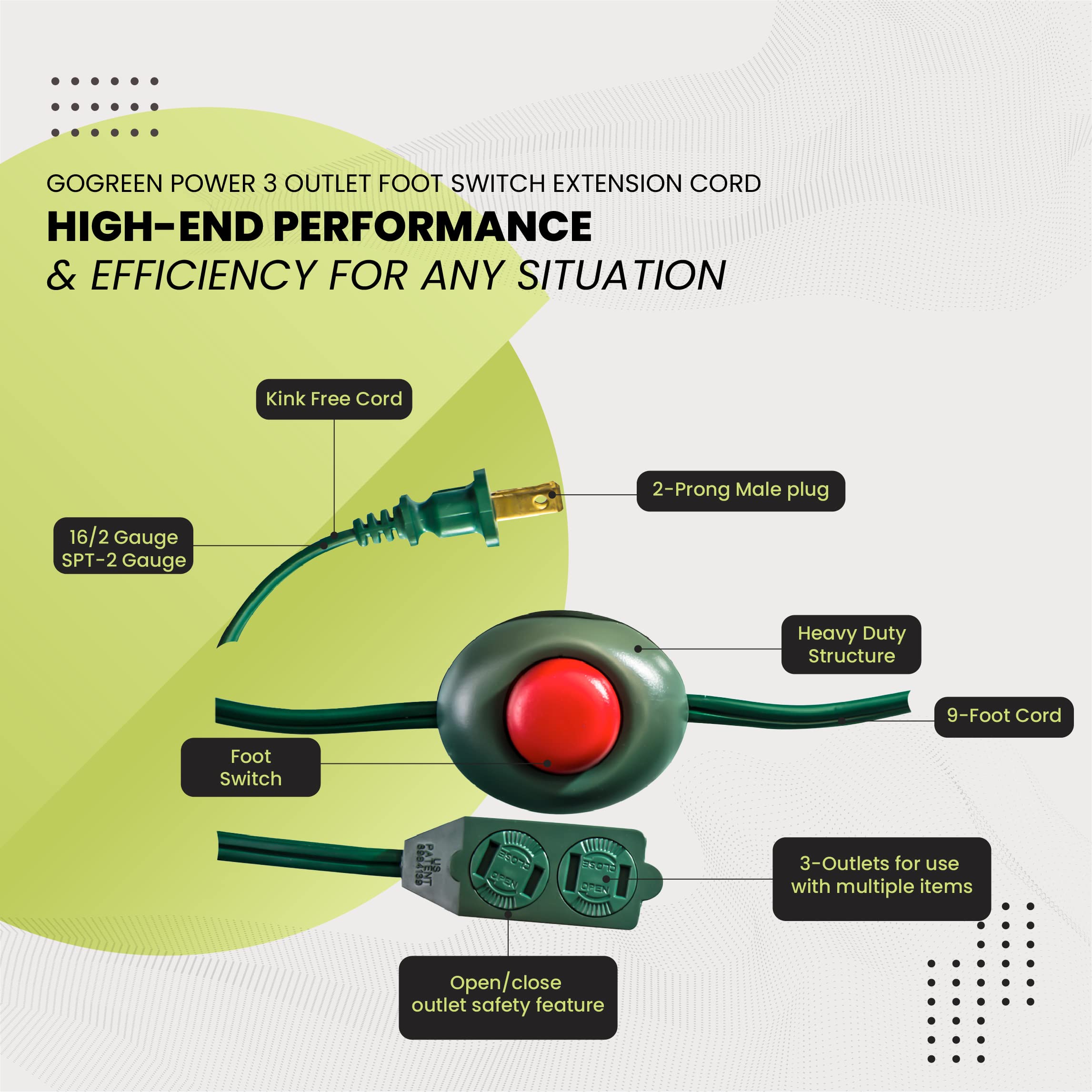 GoGreen Power (GG-24510GN) 3-Outlet Foot Switch Extension Cord, 16