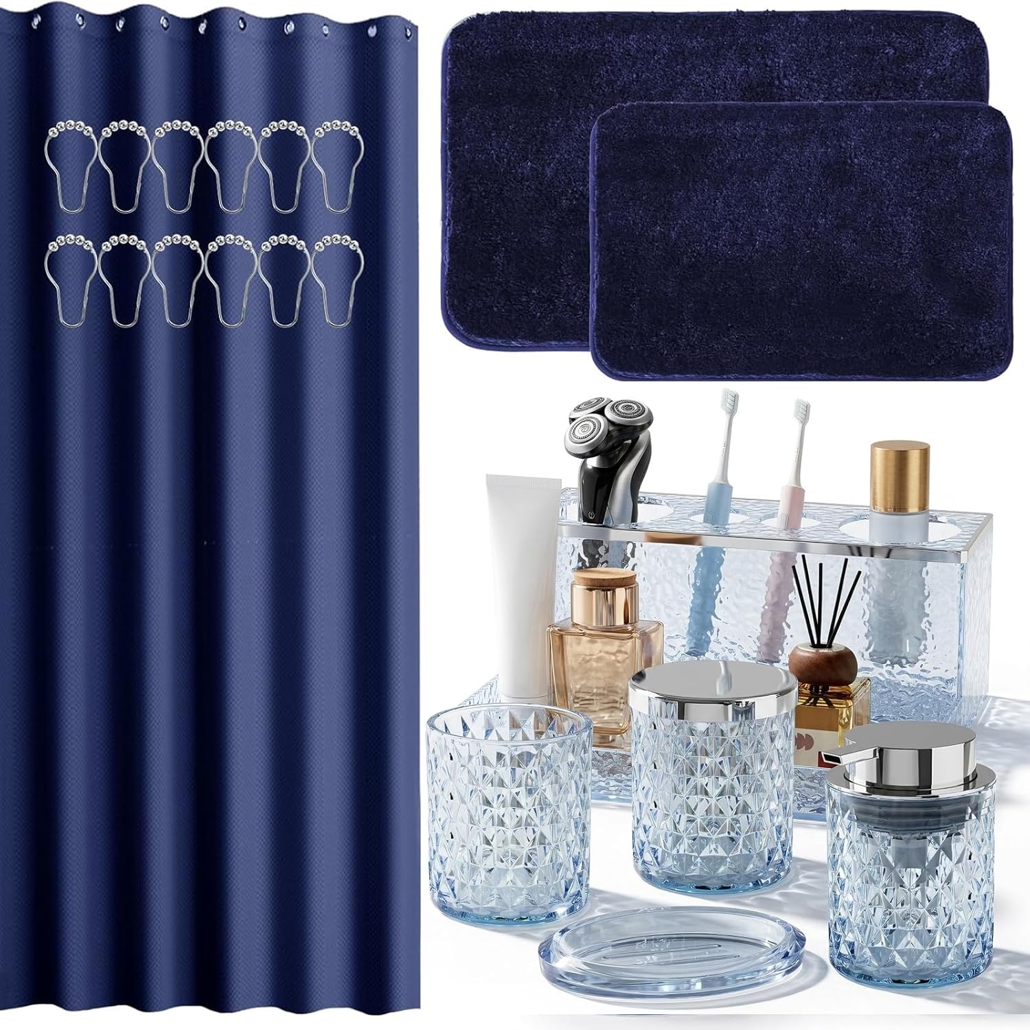 BSSN 20-Piece Blue Glass Bathroom Accessories Set with Shower Curtain and Rugs, Soap Dispenser, Qtip Jar, Toothbrush Holder, All-in-One Complete Bath Decor for Home and Apartment