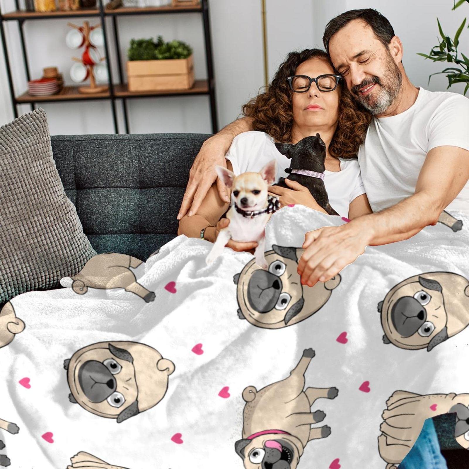 Manta de forro polar con diseño de corazón de perro y cachorro para sofá, ligera y mullida