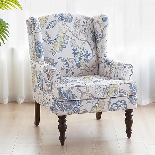 HUIMO Living Room Chair Upholstered High Back Armchair Retro Printed Wingback Chair in Linen for Bedroom & Study Comfy Accent Sofa Chair Reading