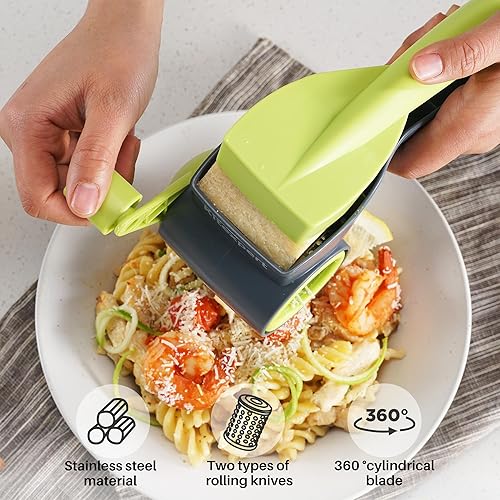 Miniatura 3 de Rallador de queso con asa, rallador de queso parmesano de cocina con 2 tambores de acero inoxidable, ralladores de queso rotativos de mano para