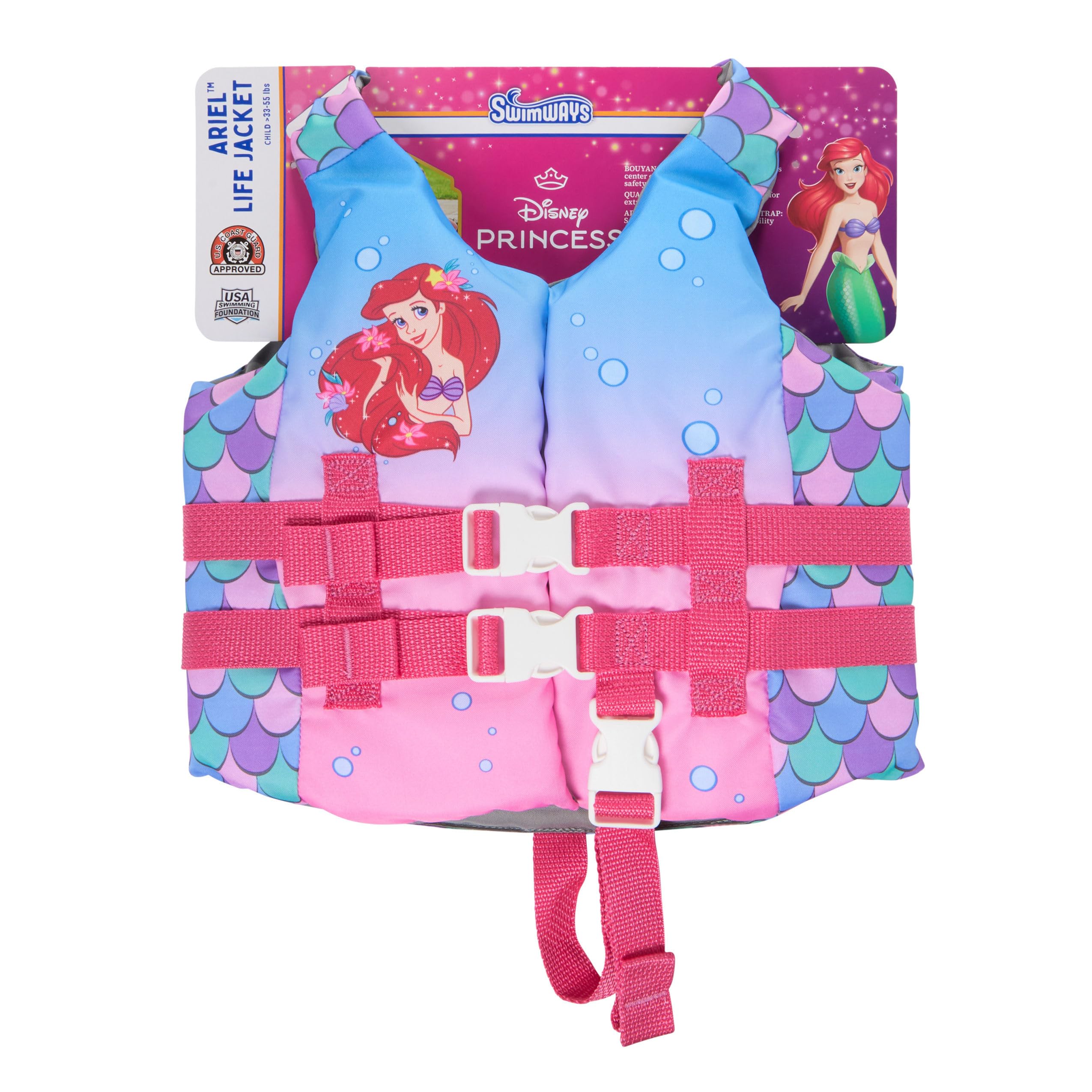 SwimWays Disney Princess Swim Trainer Life Jacket, US Coast Guard Approved Life Vest Kids Swim Vest, Pool Floats &amp; Life Jackets for Kids 33-55 lbs, Ariel