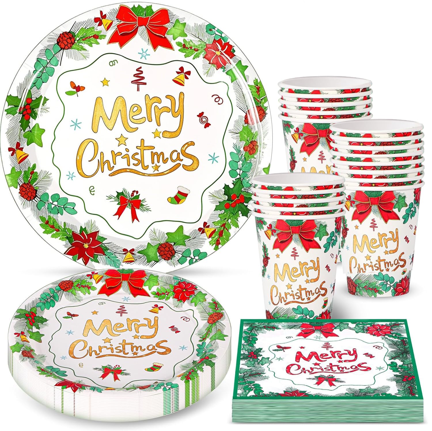 KAHEIGN 100Pcs Christmas Party Paper Tableware Set, 25 x 9 Inch Dinner Plates, 25 x 7 Inch Salad Plates, 25 x 270ml Cups, 25 x 16CM Napkins - for Holiday Christmas Party Decoration