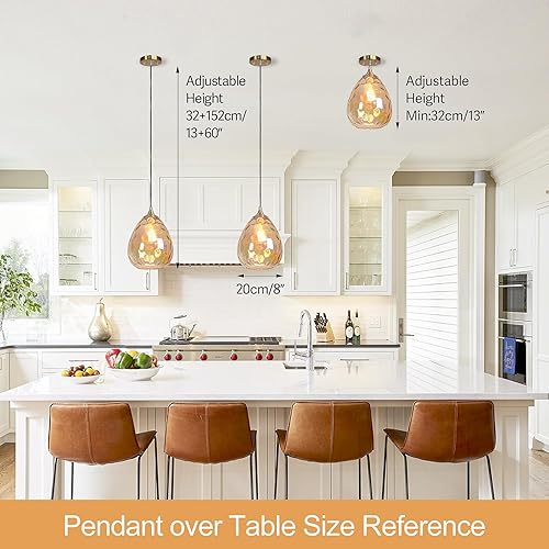 Miniatura 3 de Iluminación colgante dorada con pantalla de vidrio martillado ámbar, lámpara colgante Art Deco de 1 luz para isla de cocina, comedor, dormitorio