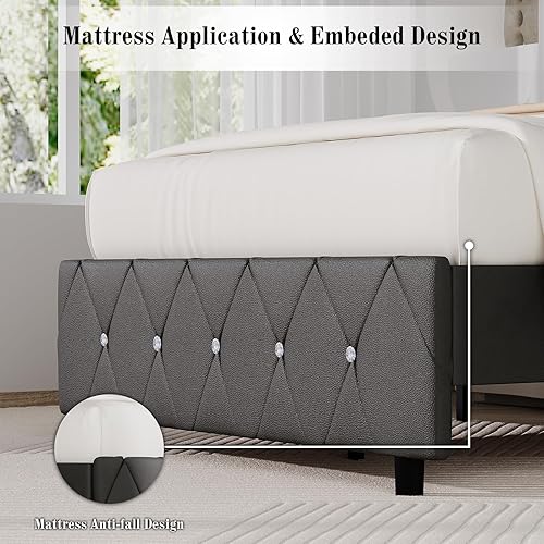 Miniatura 26 de BarnFurin - Base de cama matrimonial con cabecera capitoné, plataforma tapizada con diseño de diamante, base de colchón, soporte de listones de