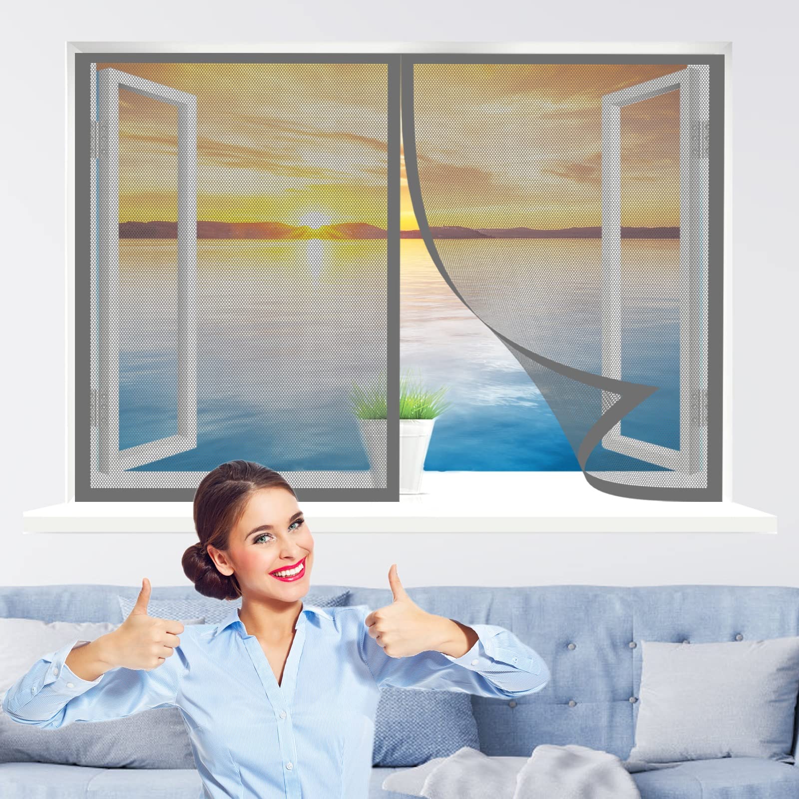 Verstärktes Katzengitter Fenster passt Fenstergröße 60 x 100 cm Insektenmücken Fenster Sichtschutz langlebig transparent für französische Türen/Glasschiebetüren/Terrassentüren, Grau