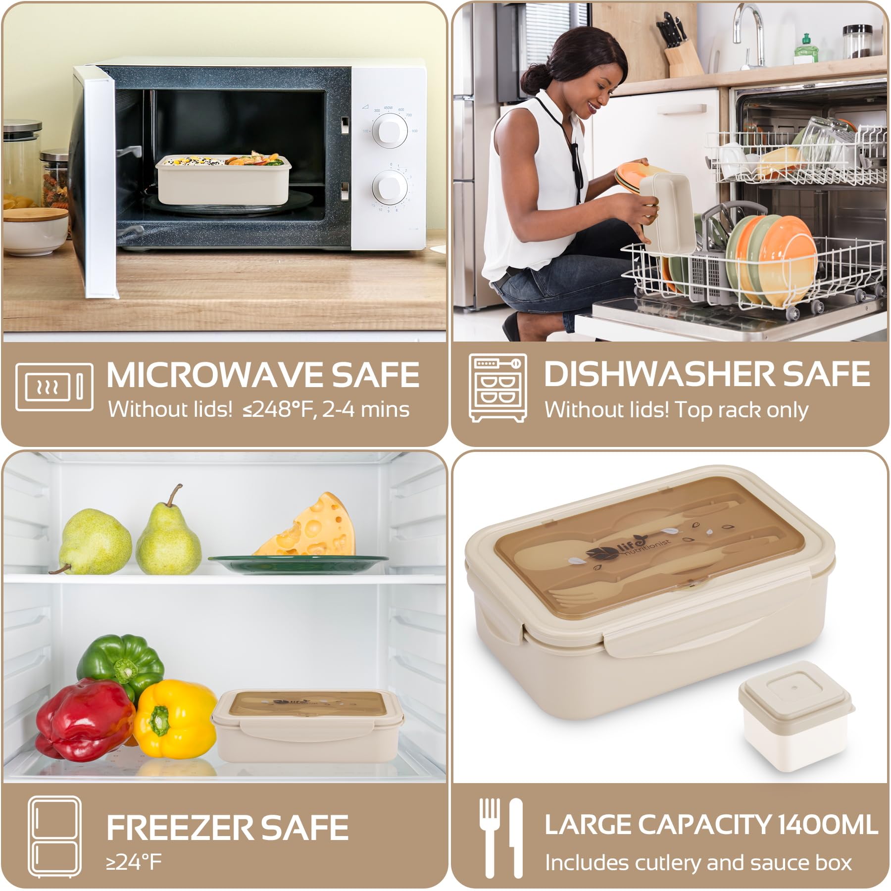 Boîte Bento 1400ml - 3 Compartiments, Couverts Inclus - Sans BPA, Micro-ondable - Enfant/Adulte