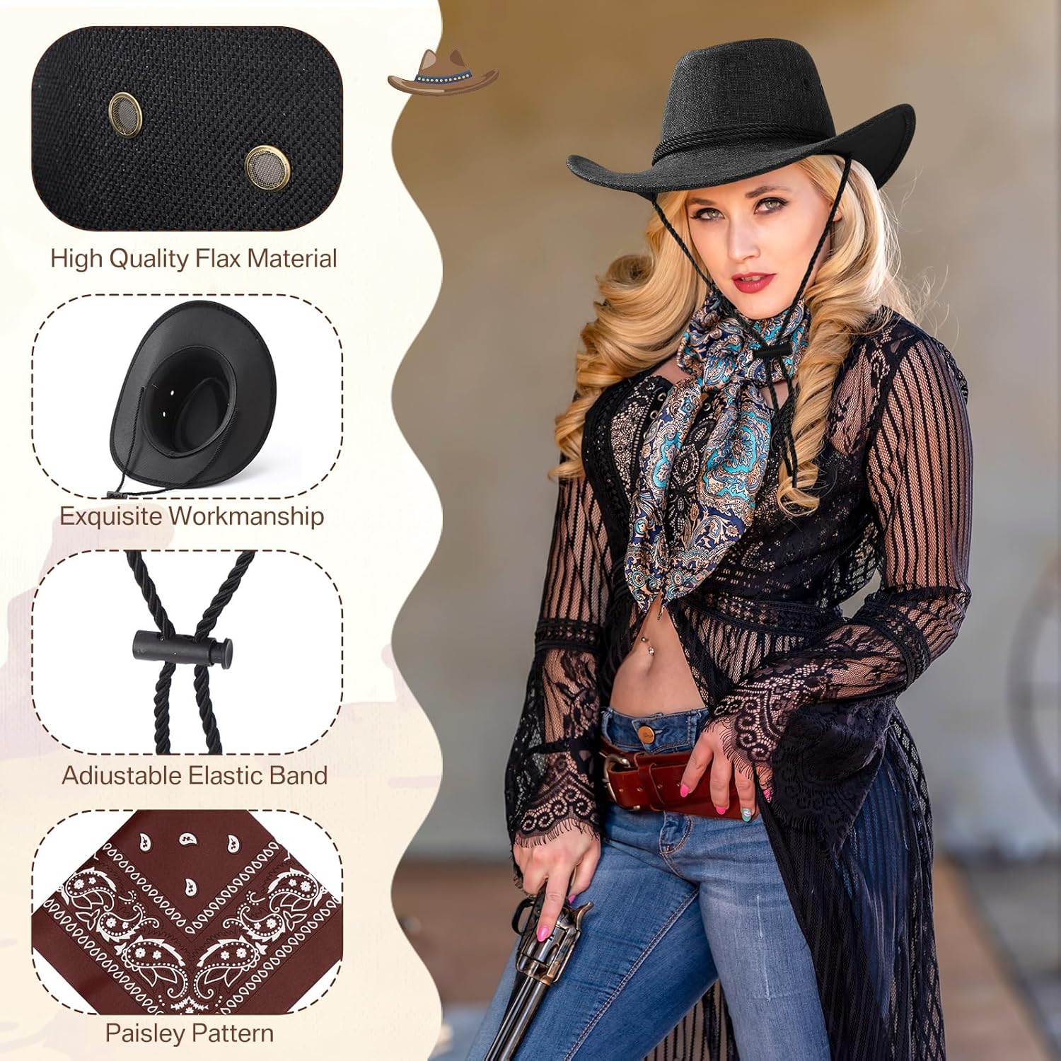 Coume 10 Set Cowboy Hat and Bandana for Women Men 10 Felt Cowgirl Cowboy Hat Bulk 10 Western Bandanas for Adult Costume Party - Image 5