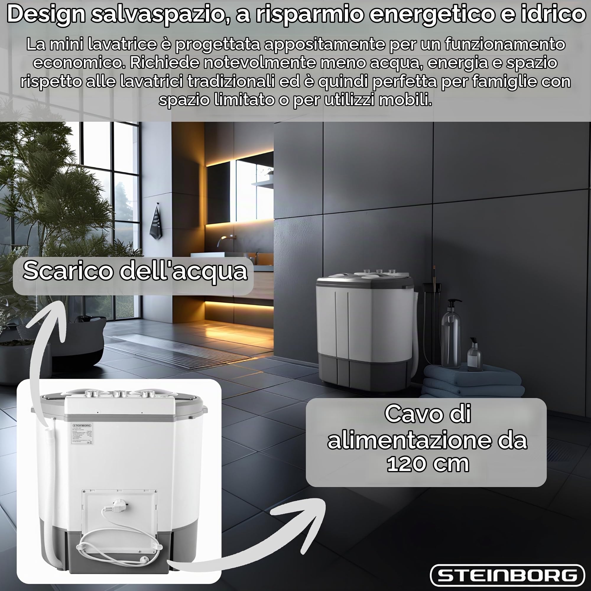 Steinborg Mini lavatrice con centrifuga, toploader a 2 scomparti, capacità di lavaggio fino a 3 kg, borsa centrifuga fino a 1 kg, lavatrice compatta, ideale per campeggio, viaggi e piccole famiglie
