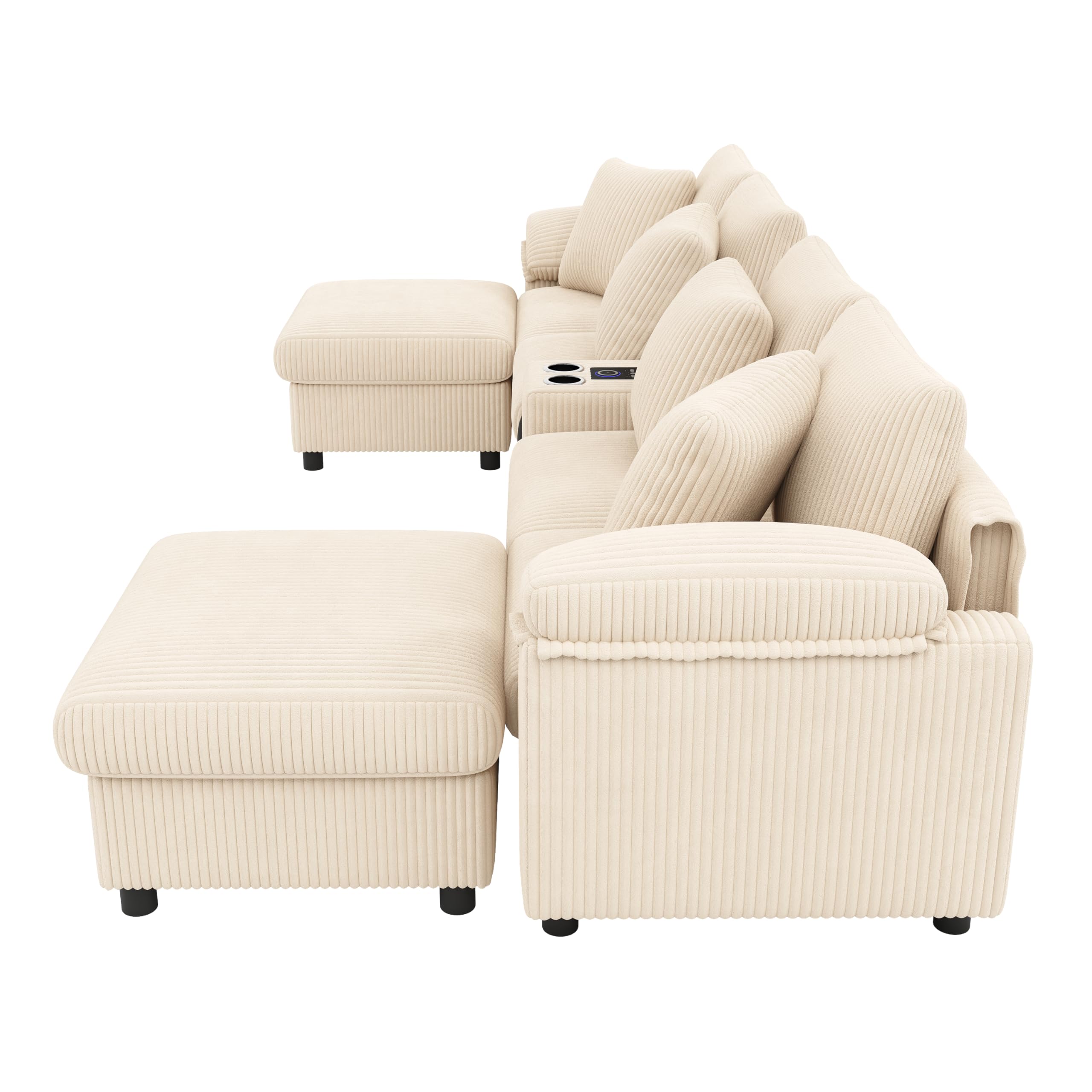 Sofá modular de pana en forma de U y L con consola, sofá esquinero con espacio de almacenamiento, portavasos y cojines, color beige