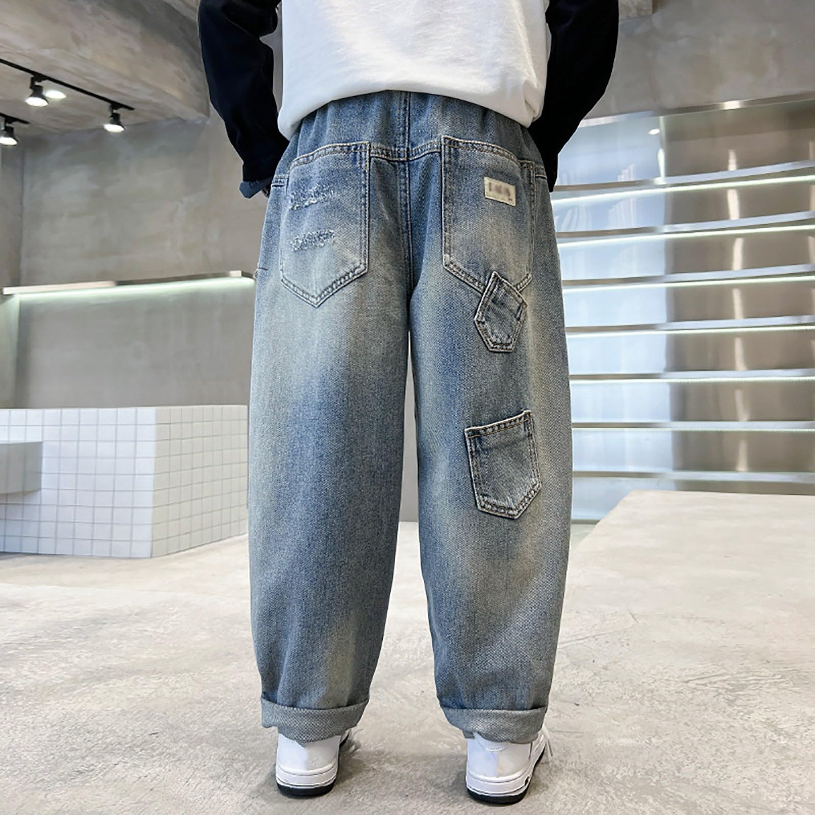 Vaqueros para Niño, Pantalones Vaqueros de Verano Diseño Holgado y Recto para Niños con Múltiples Bolsillos Estilo Urbano Cómodo
