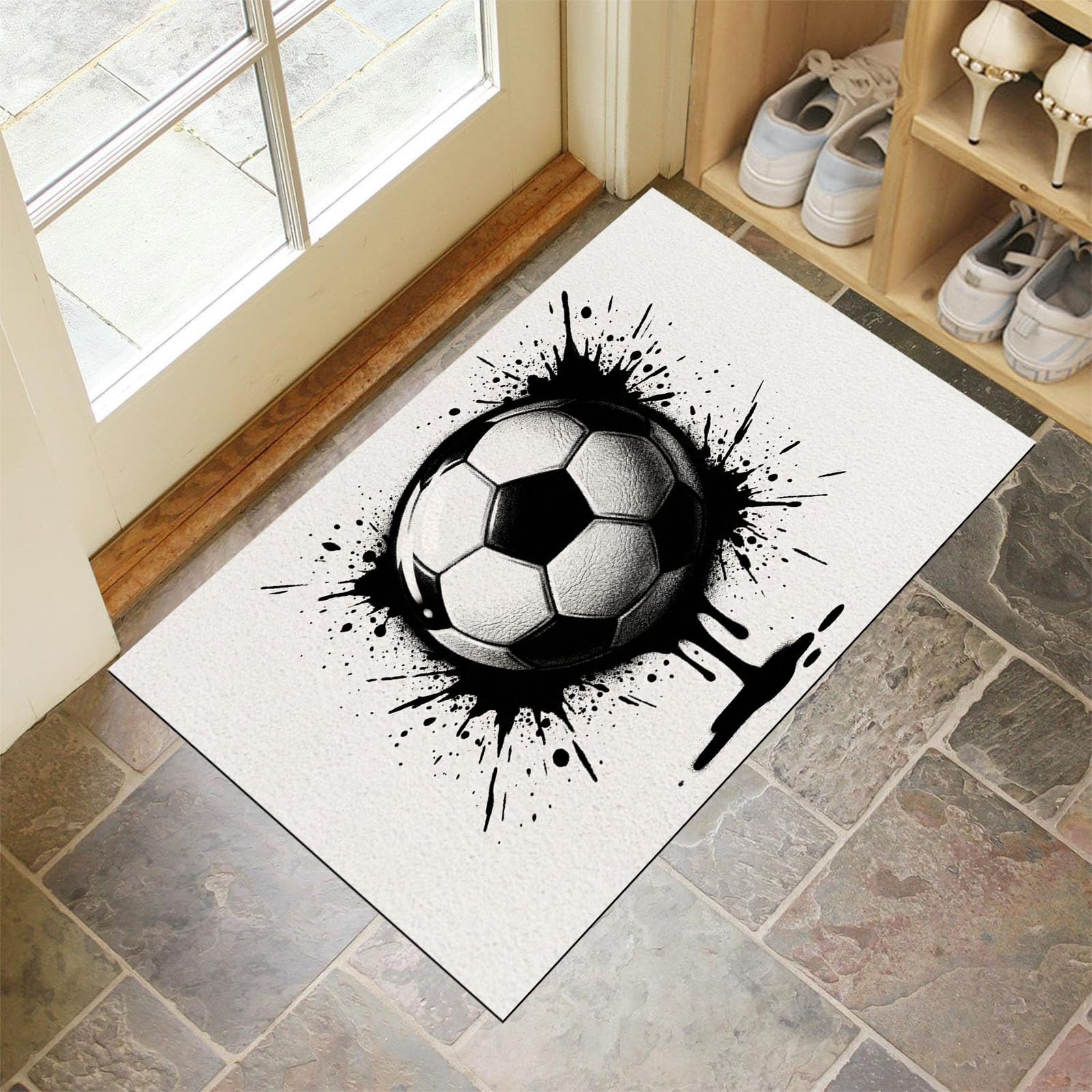 Ultradünne Coole Graffiti-Fußball Fußmatte Für Innenbereich, 90X150Cm Waschbar Teppich Für Eingangsbereich, Tintenklecks-Fußball Schmutzfänger Fussmatten, Schwarz-Weiß Rutschfeste Eingangsmatte