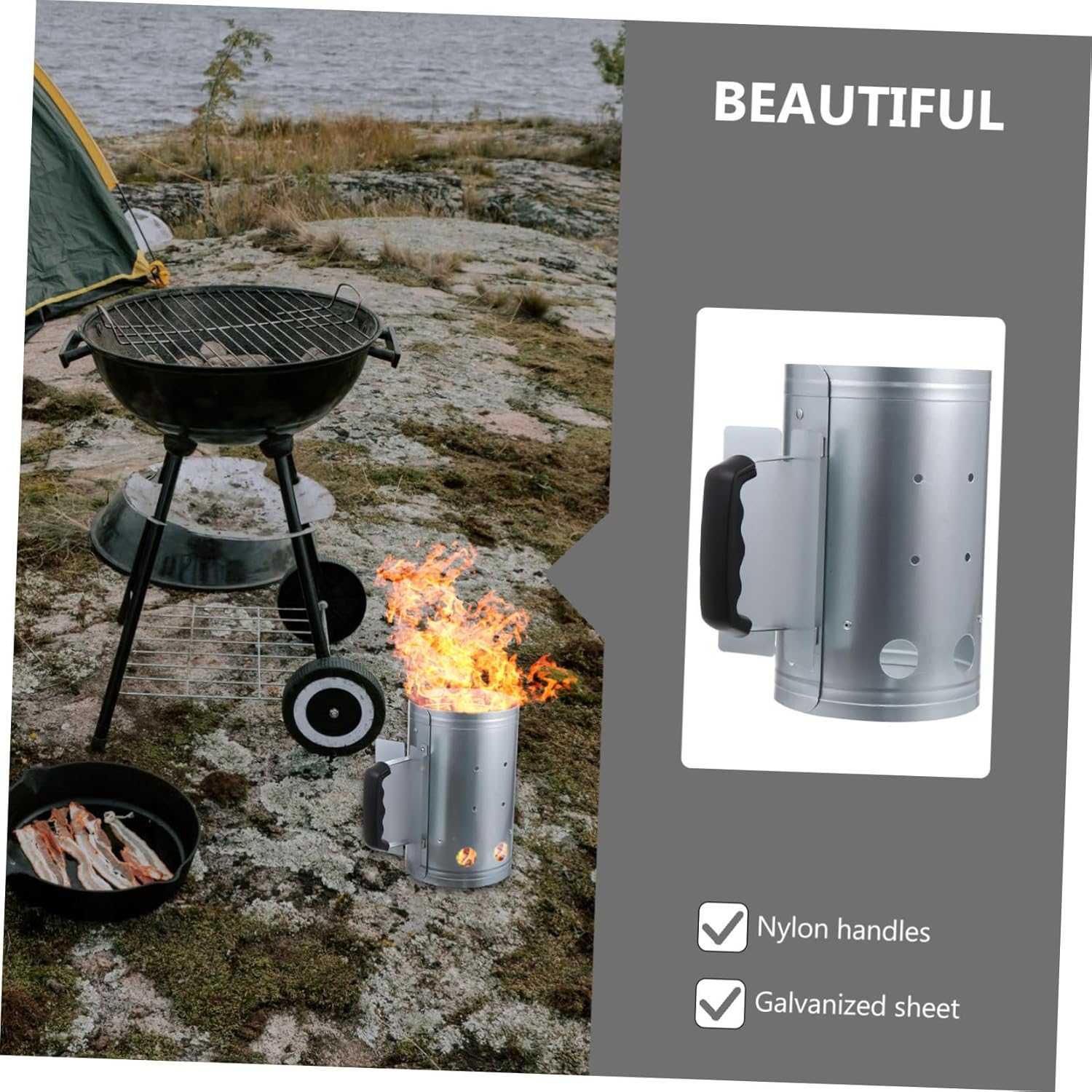 Outdoor Portable Charcoal Bucket BBQ Ignition Barrel Grill Flipper Chimney Starter