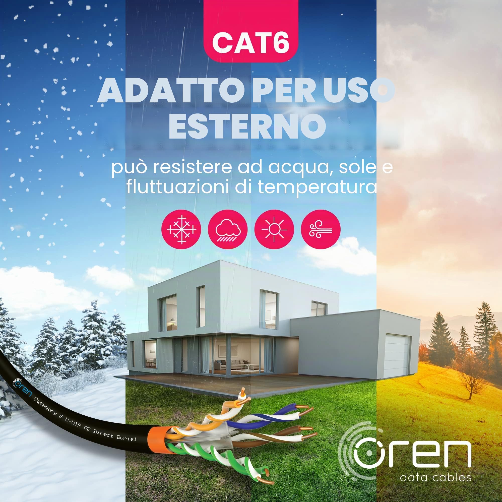 Oren CAT6 100m Cavo Ethernet da Esterno - Interramento Diretto - 23 AWG Cavo in Rame Nudo- 400 MHz Larghezza Banda UTP Cavo di Rete LAN Internet- senza alogeni, anticorrosivo – Gigabit