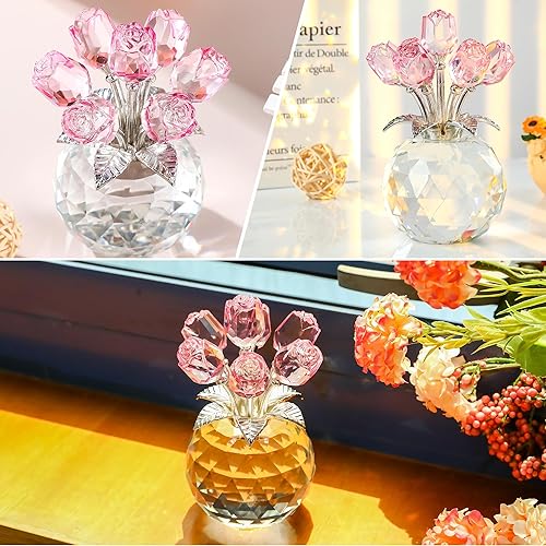 Miniatura 3 de Figura de ramo de rosas de cristal, regalos de rosas rosadas para mujeres, adornos florales coleccionables de cristal para el día de San Valentín,