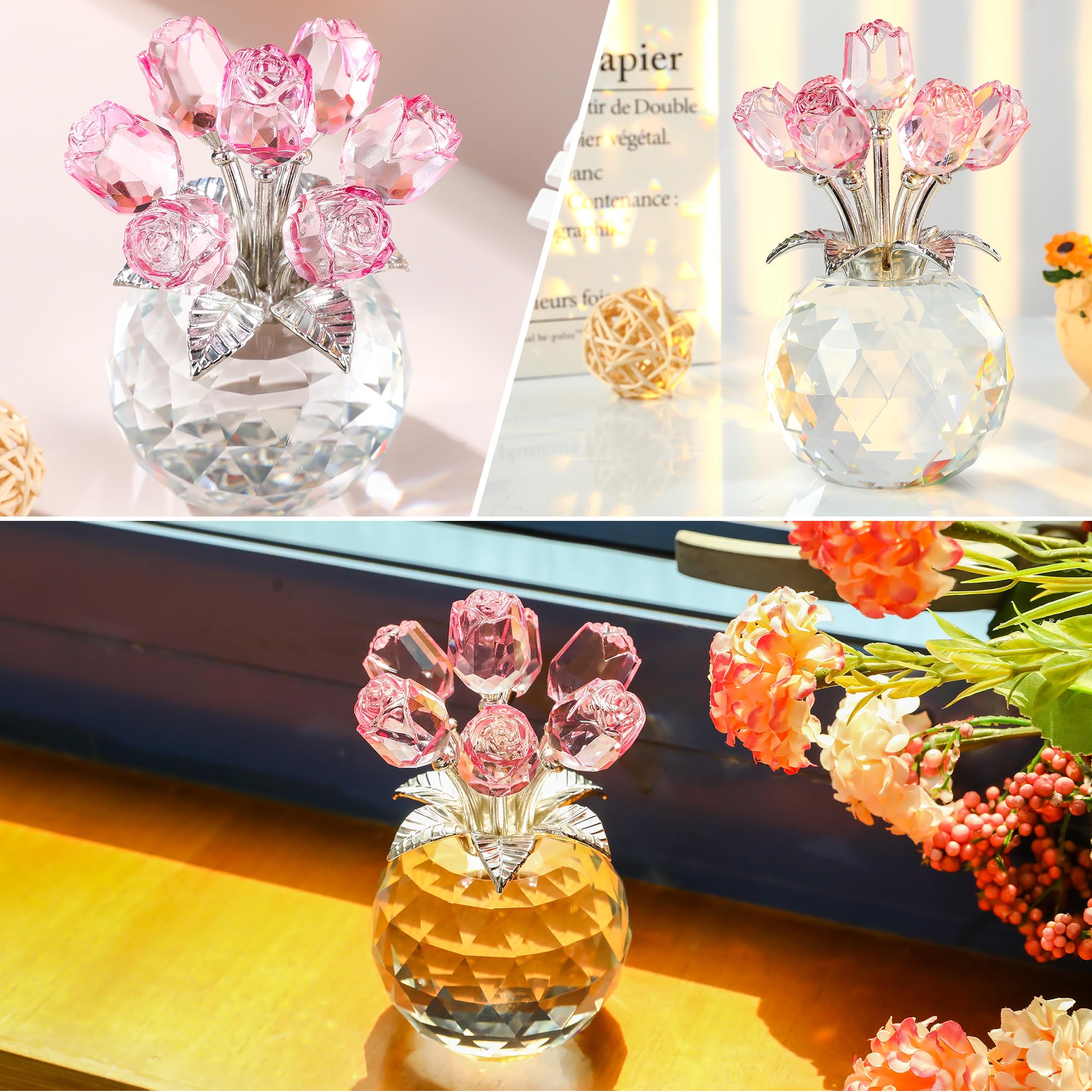 Amazon.com: Crystal Rose Bouquet Flower Figurine - Pink Rose Gifts