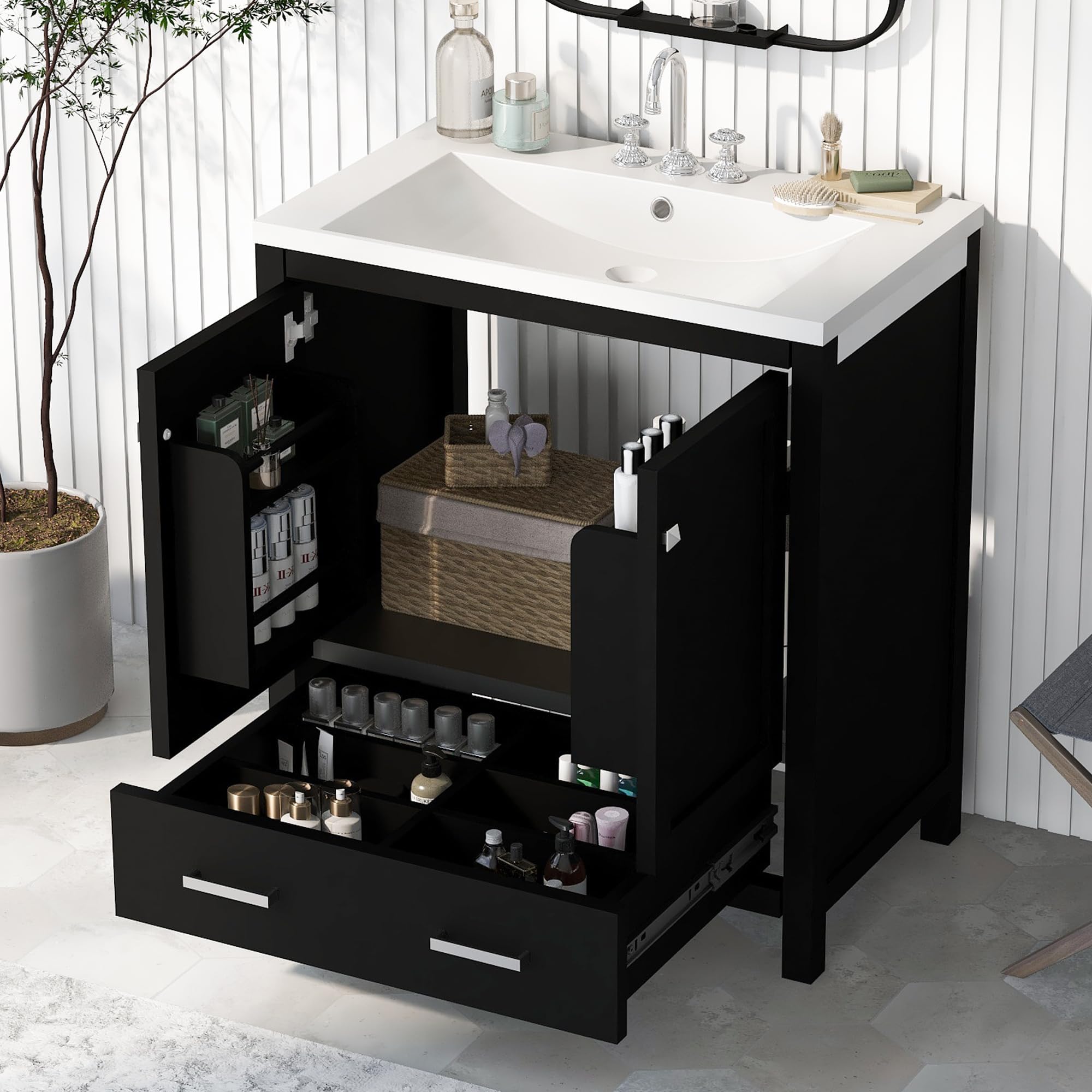 Merax 30" Bathroom Vanity with Single Sink, Combo Cabinet Undermount Sink, Bathroom Storage Cabinet with 2 Doors and a Drawer, Soft Closing, Multifunctional Storage, Solid Wood Frame, Black