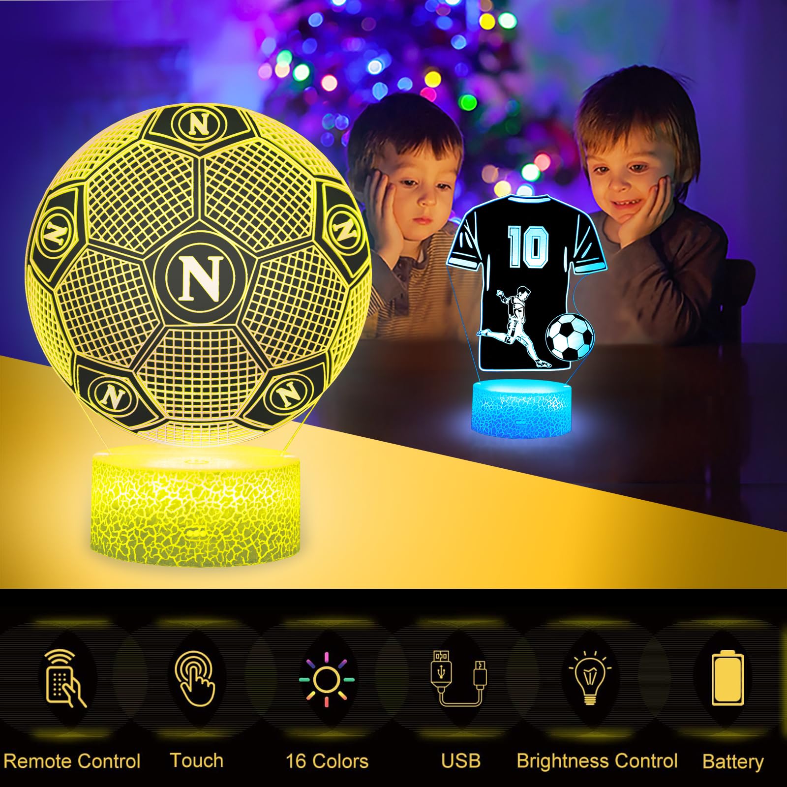 2 Pezzi Napoli Calcio Luce Notturna Bambini, Regalo de Calcio per Bambini 2 3 4 5 6 -12 anni, Calcio Lampade 3D Illusione Lamp con 16 Cambi di Colore, Regali di Natale Compleanno per Ragazza, Ragazzo