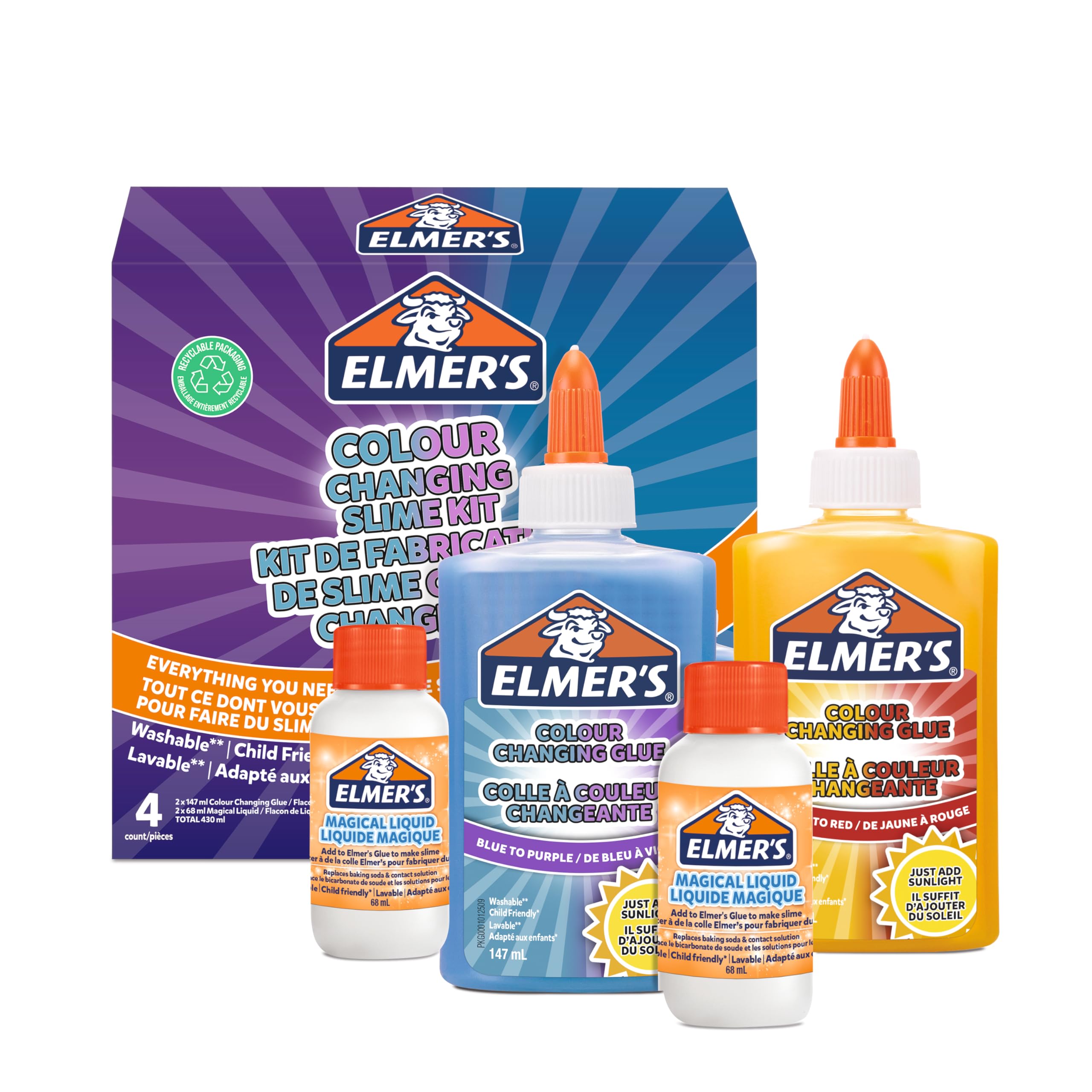 Elmer’s Colour Changing Slime Kit | Slime Supplies Include Colour Changing Glue & Magical Liquid Slime Activator | Activates with UV Light | Washable & Kid Friendly | 4 Count