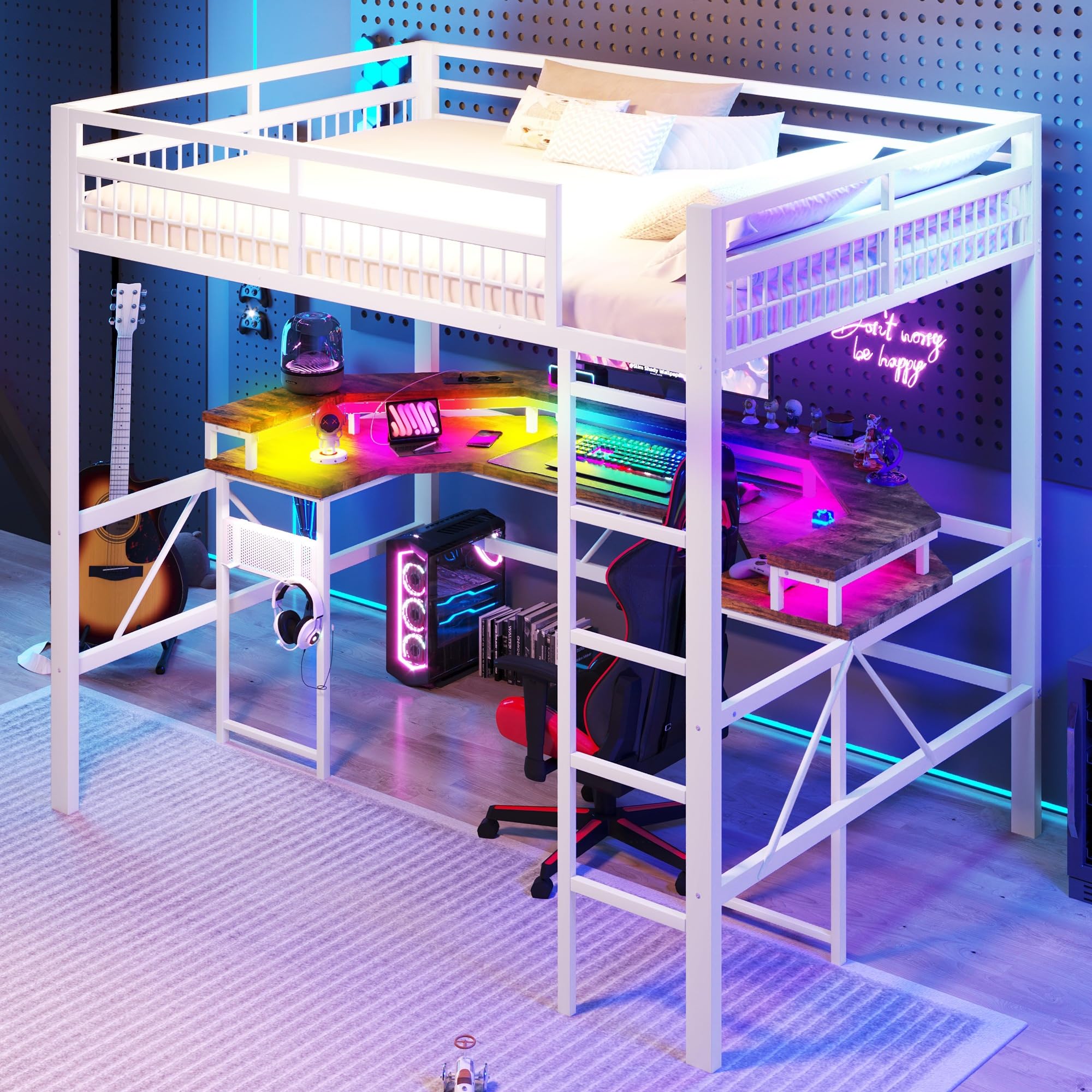 Cama alta de 140 x 200 cm para habitaciones juveniles con zona de estudio y luz