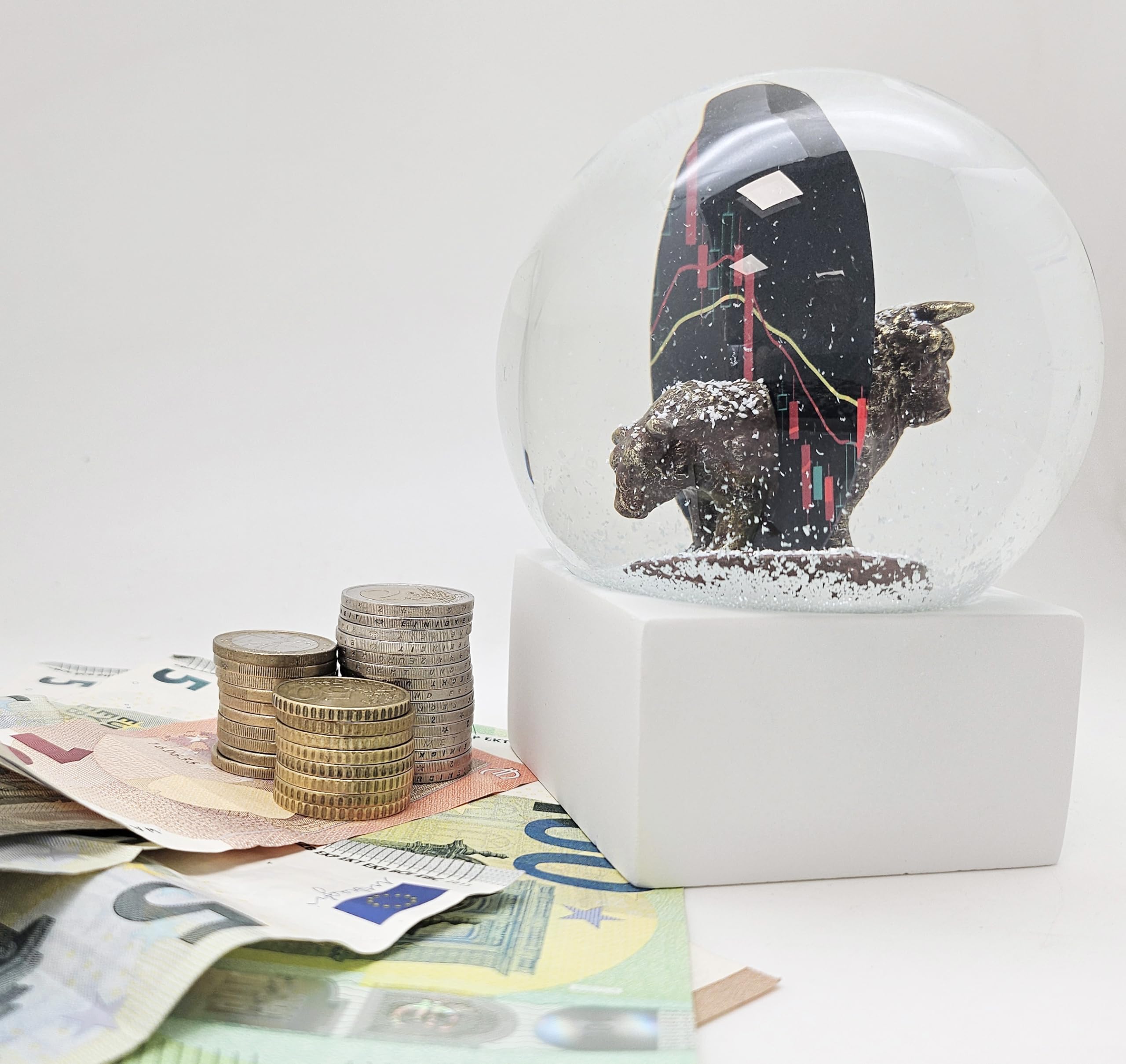 10009 Boule à neige en verre Bulle & Ours | Socle blanc angulaire | Idée cadeau boursian | Presse-papiers pour trader | H : 12 cm l : 10 cm | 10 cm