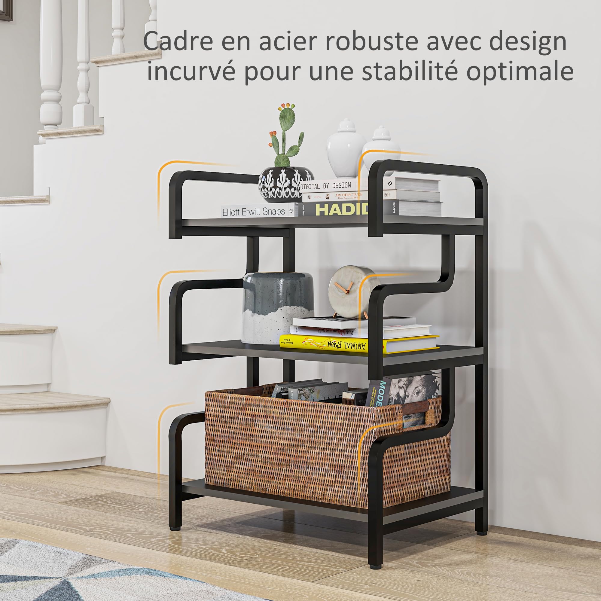 HOMCOM Support d'Imprimante à 3 Niveaux Meuble Imprimante 55x40x77cm Noir | Étagère de Rangement, en Bois et Métal, pour Bureau Maison
