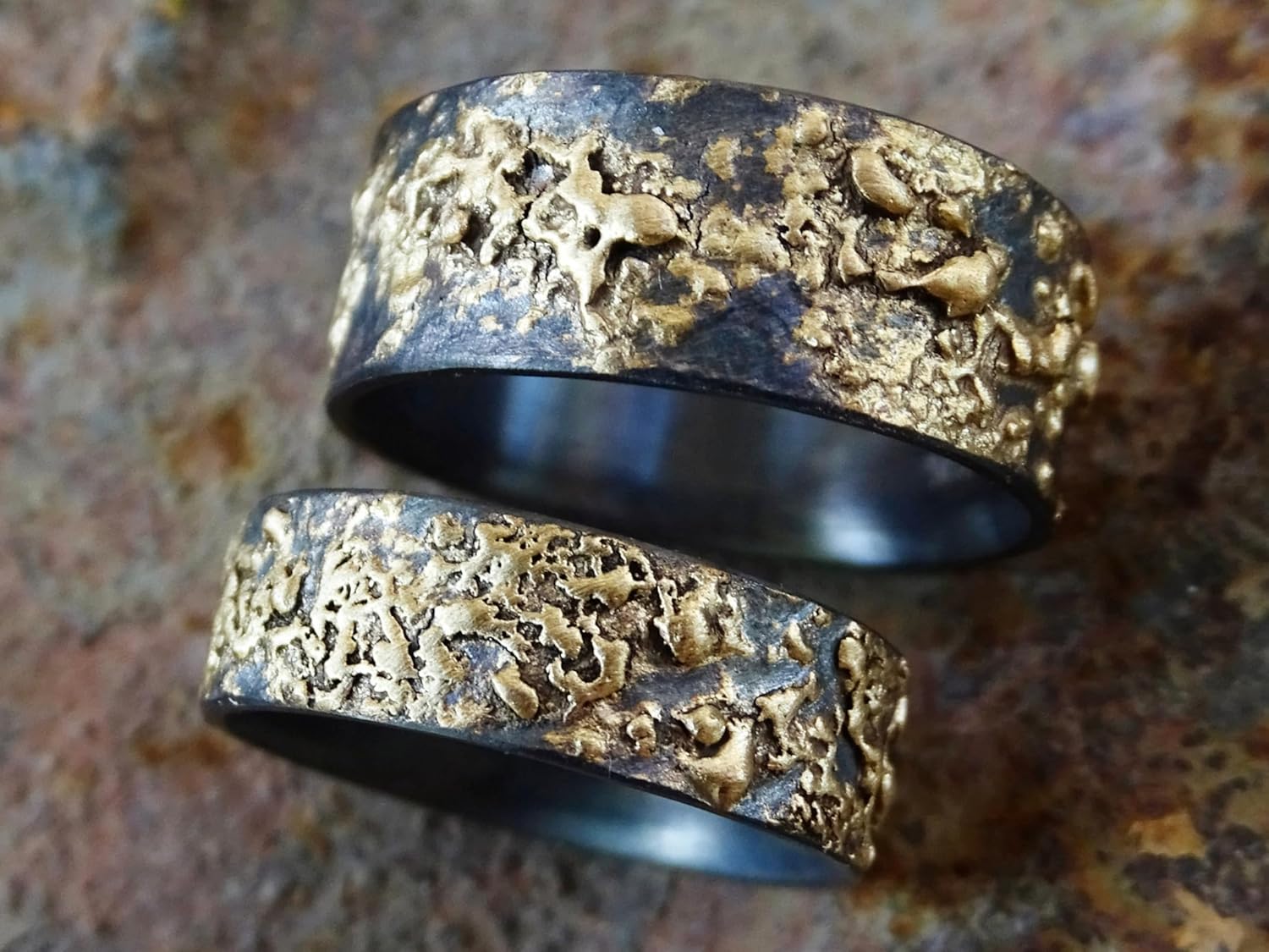 unique wedding bands gold silver, molten wedding ring set, matching rings his and hers, promise rings mixed metal, viking wedding rings : Handmade Products