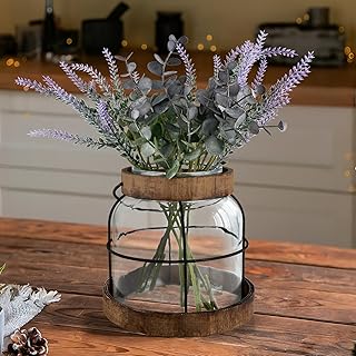 Farmhouse Glass Vase, Vintage Flower Vase with Wood Frame and Metal Hand...