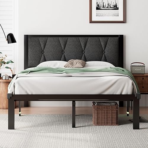 Miniatura 8 de iPormis Base de cama de metal de tamaño matrimonial, cama de plataforma con cabecera capitonada de piel sintética, soporte de listones de acero,