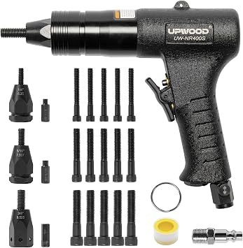 Pneumatic Rivet Nut Gun with 1/4-20, 5/16-18 & 3/8-16 Nose-Piece and Mandrels,Air Rivet Nut Pull Setter Tool, Quick-Change Nose-Piece Assembly, 5pcs Mandrels Included with Each Size