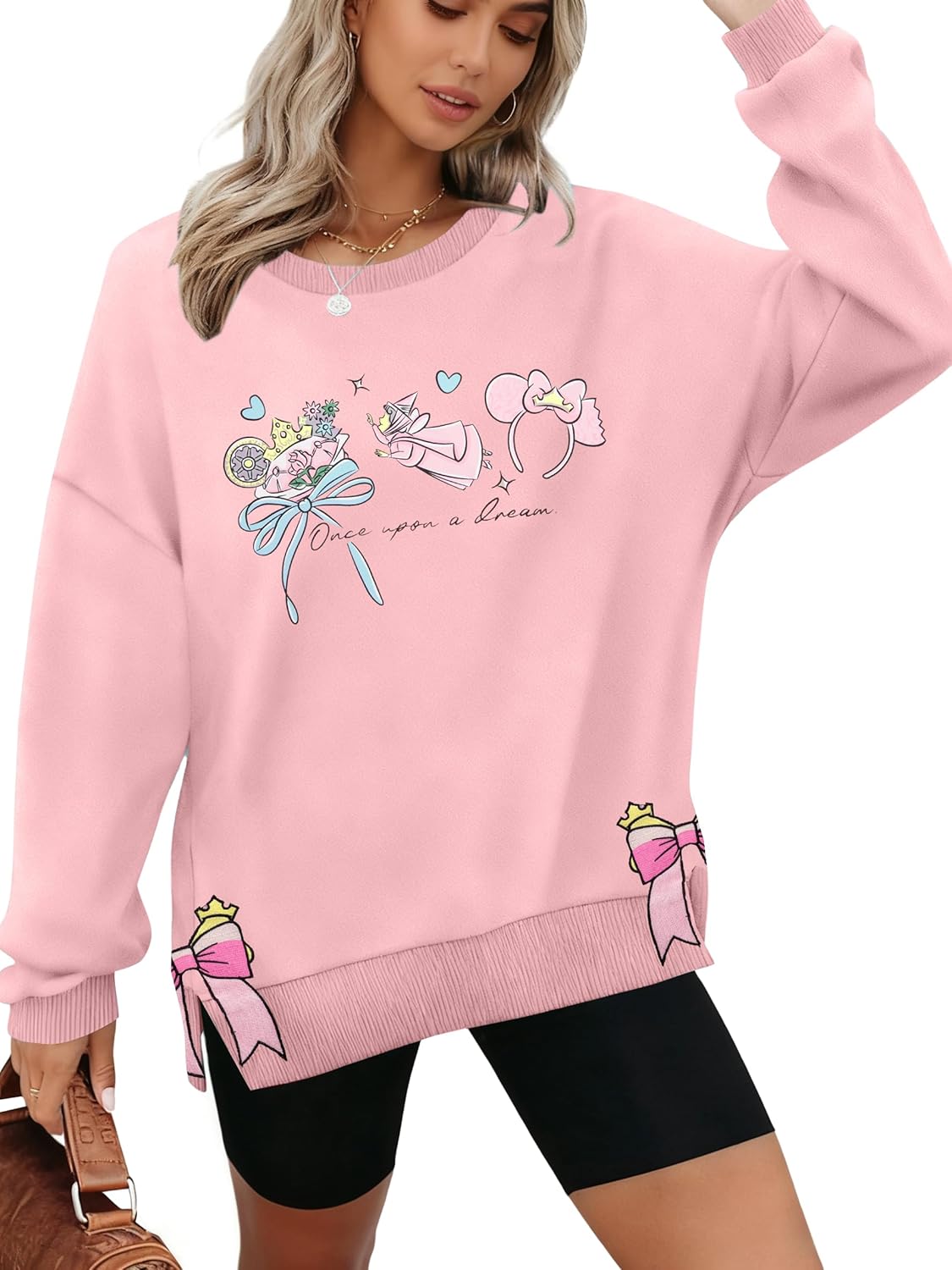 KIMSOONG Magical Sweatshirt for Women Cute Princess Crewneck Sweatshirts Embroidered Bow Magic Kingdom Pullover Tops