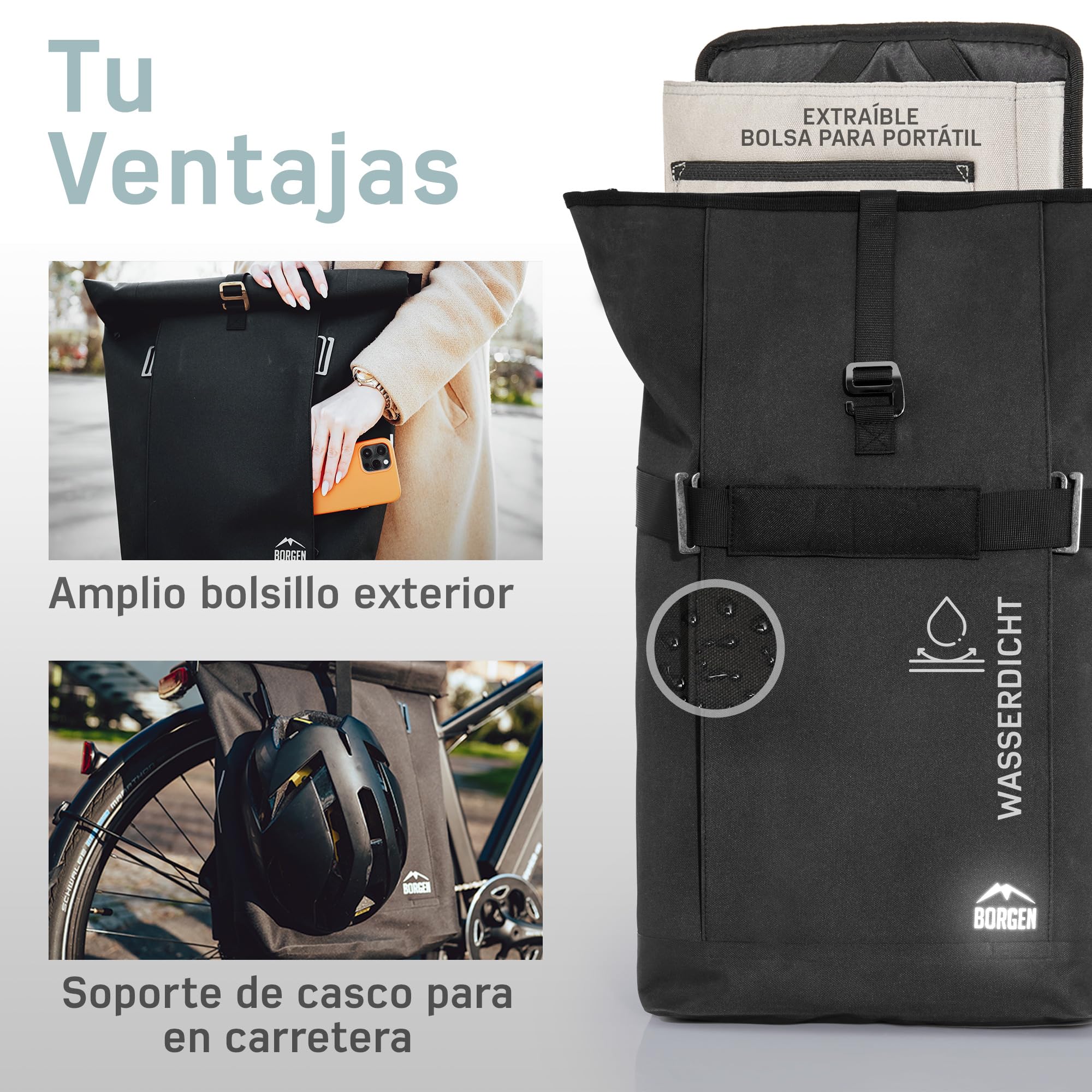 Borgen Bolsa Vida para portaequipajes con Bolsa extraíble para portátil – Utilizable como portaequipajes, para Bicicleta, Bandolera, de Uso Diario 28 litros