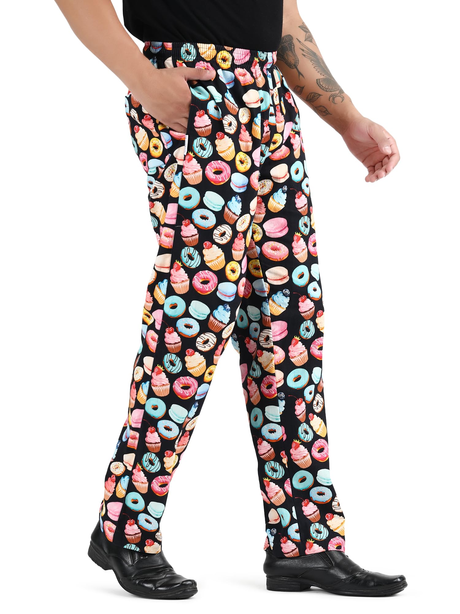 Unisex Printed 100% Cotton Men Women Chef Cook Pants Trouser with Draw String for Food Service, Bakers and Culinary Professional (Small, Donut Print)