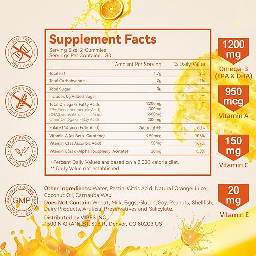 Miniatura 4 de Paquete de 2 gomitas Omega-3 veganas de 1200 mg, ácidos grasos omega-3 EPA y DHA con folato, vitamina A, vitaminas C y E, suplementos de Omega 3 de