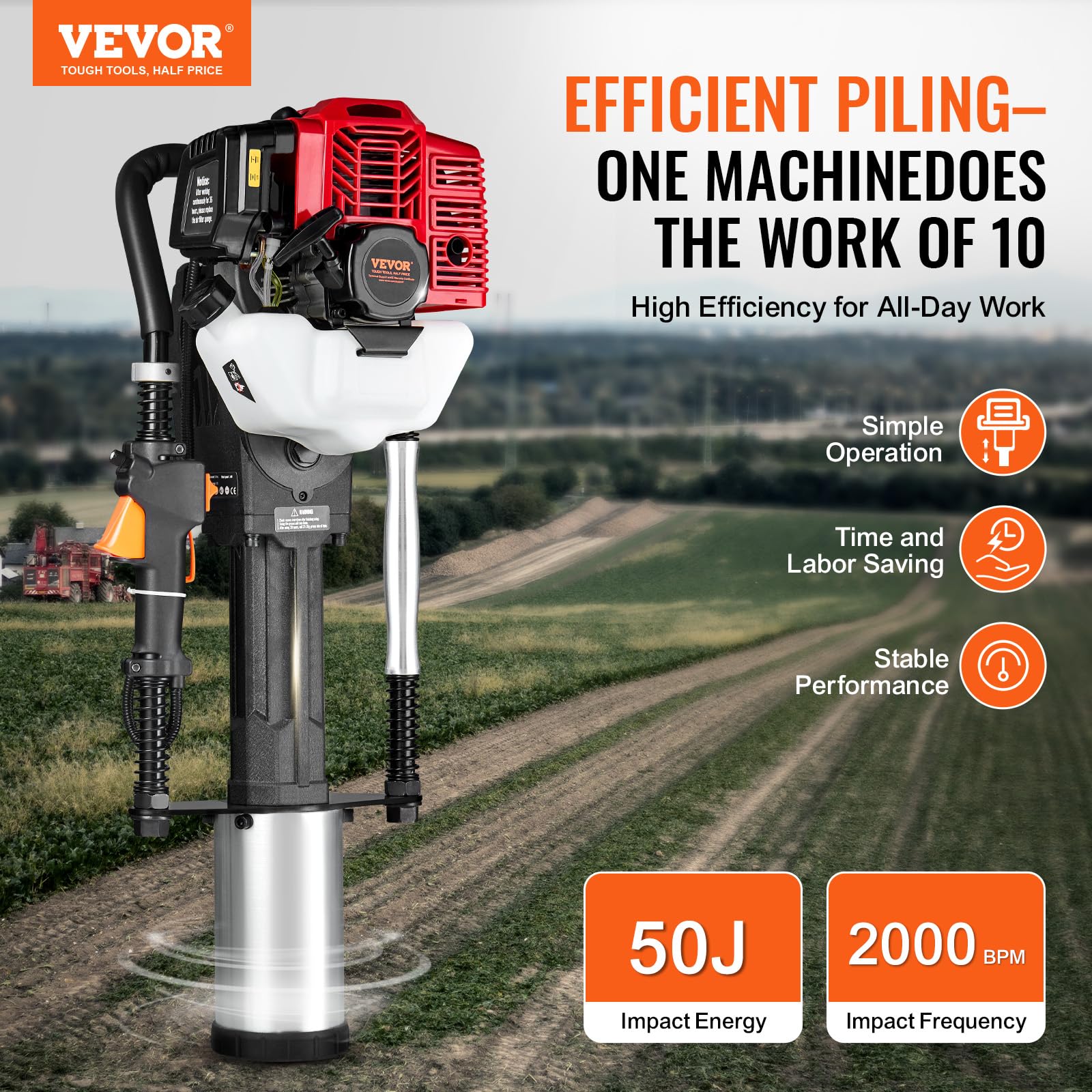VEVOR 52cc Battipalo a Benzina a T, Battipalo per Recinzioni a Benzina con Motore 2 Tempi, Battipalo Portatile 1400 W con Testa di Guida 3 Pali (49/69/100 mm), per Fattorie, Recinzioni per Ranch