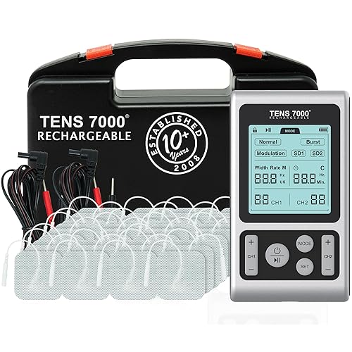 TENS 7000 Unidad TENS recargable estimulador muscular, paquete de 48 electrodos y dispositivo de alivio del dolor, máquina TENS avanzada para