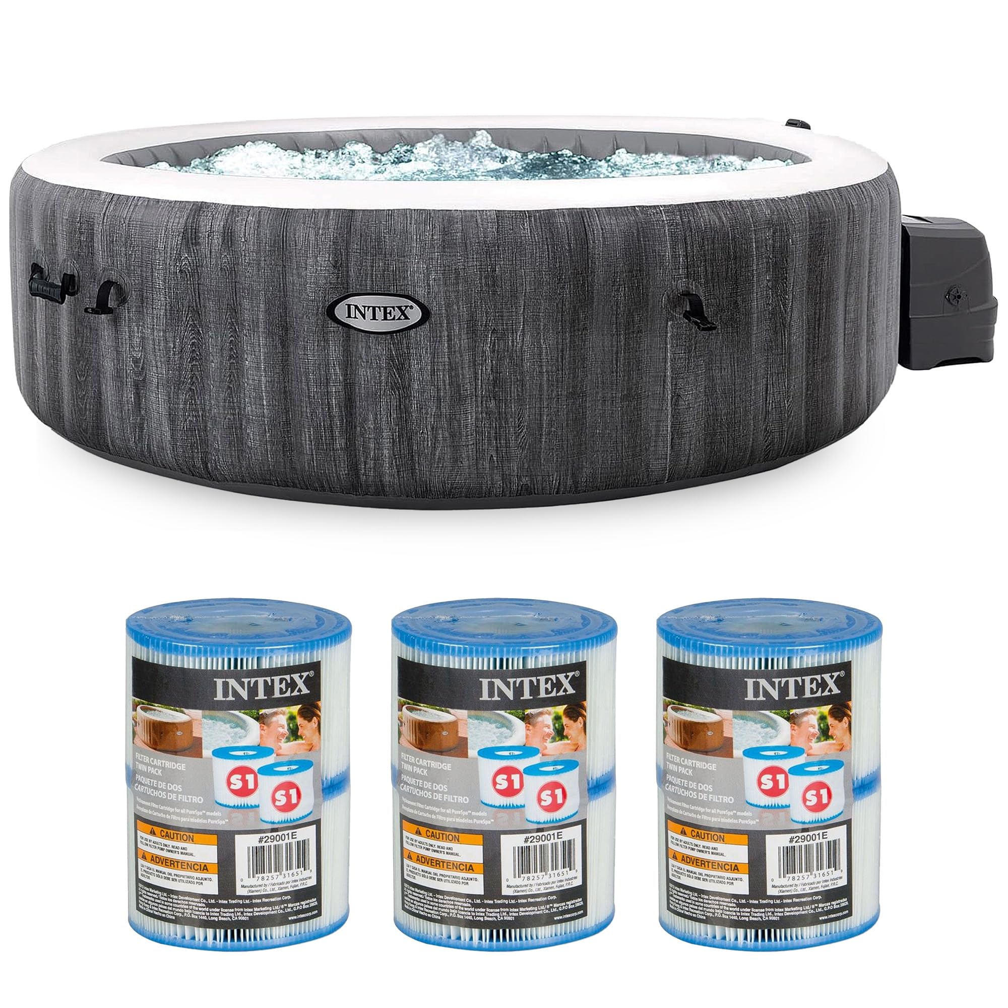 Intex PureSpa Greywood Deluxe 85" x 25" Outdoor Portable Inflatable 6 Person Round Hot Tub Bubble Jet Spa with 6 Type S1 Pool Filter Cartridges
