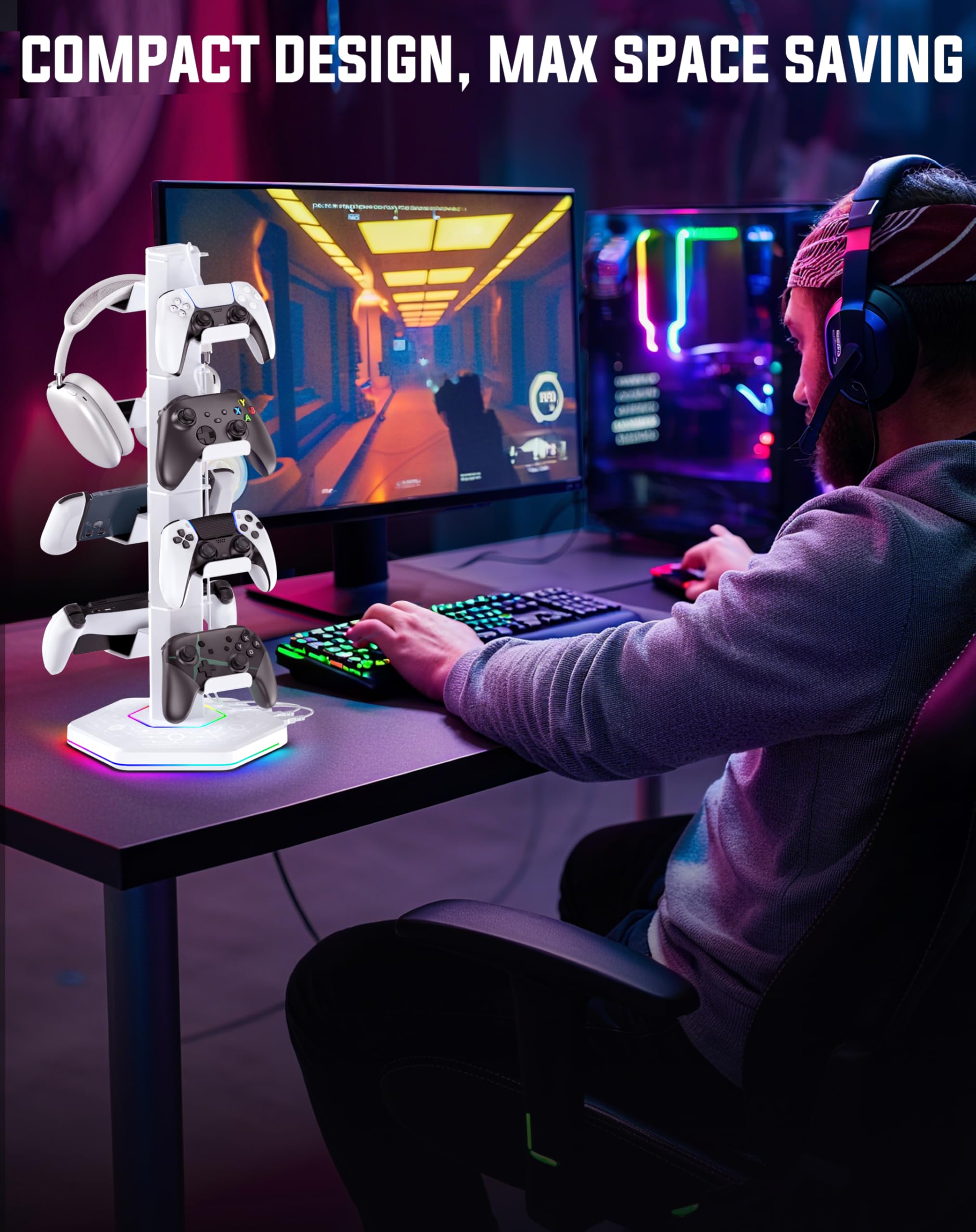 4 Tier Supporto per Controller RGB con 9 Modalità di Illuminazione, Supporto Cuffie Gaming con 2 Porte USB 3.0 e Organizer per Cavi, Stand per Cuffie, Bianco