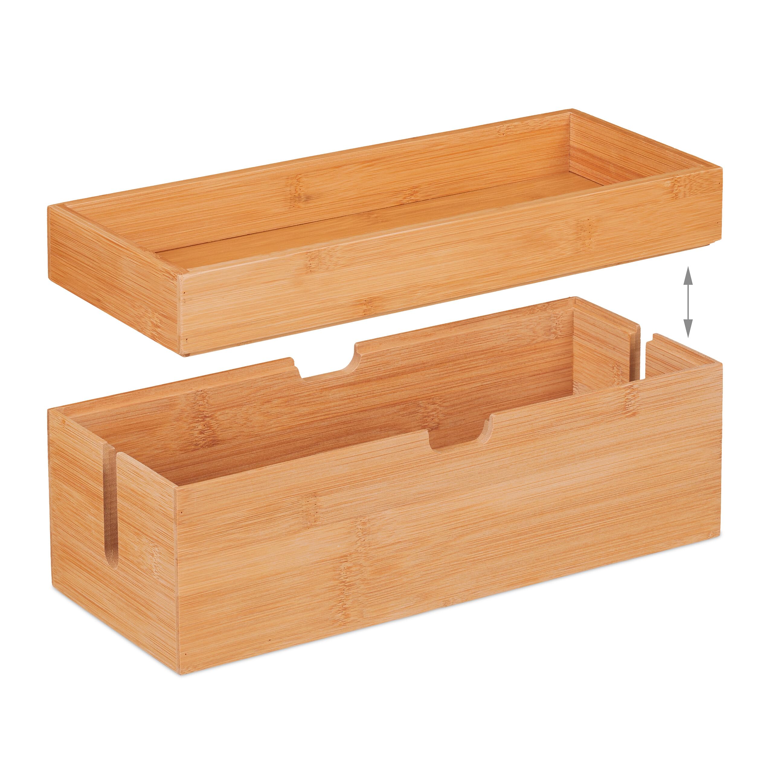 Relaxdays Kabelbox für 2 Steckdosenleisten, Bambus, Kabelkiste mit Ablage, HBT: 14 x 34 x 14 cm, Kabel verstecken, Natur