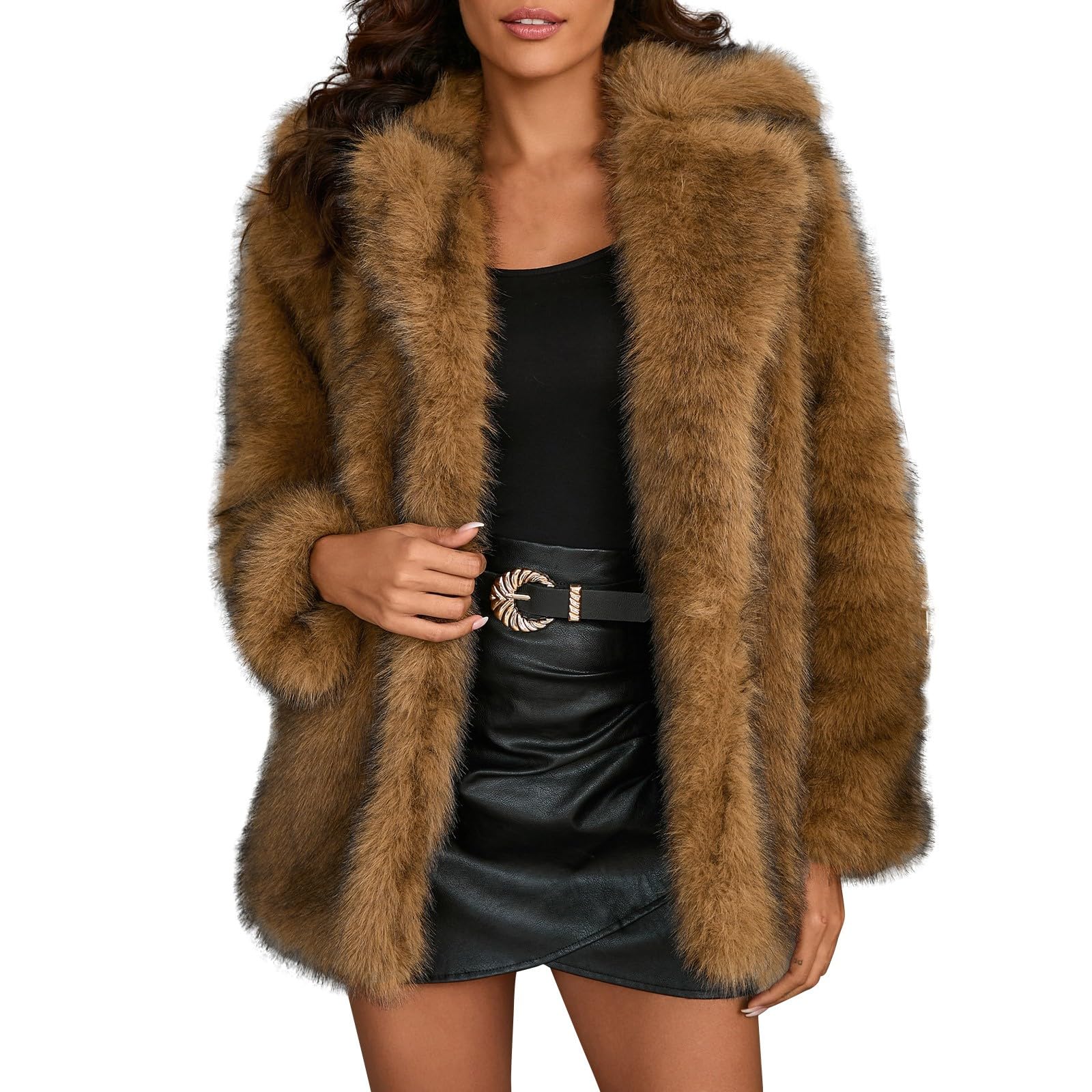 Ansenesna Felljacke Damen Braun Flauschig Winterjacke Mit Fell Warm Kunstfell Jacke Winter Wintermantel Frauen Elegant Pelz Mantel Damen-Jacken Plüsch Fellmantel Kunstpelz Thermo Pelzmantel