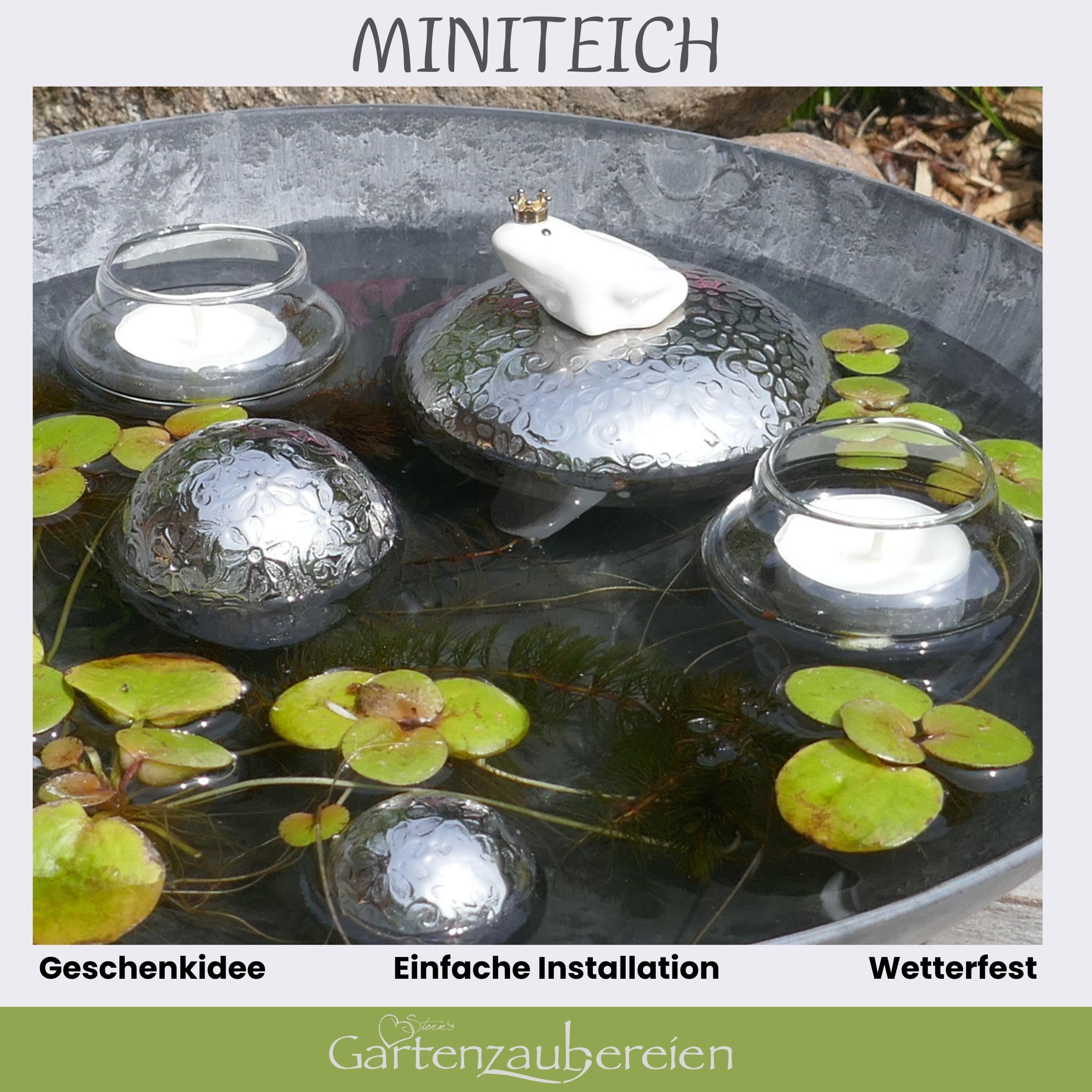 Storm's Gartenzaubereien Miniteich Komplettset mit Schwimmfrosch Keramik Grauer Deko Schale - Schwimmkugeln und Teelichtschalen