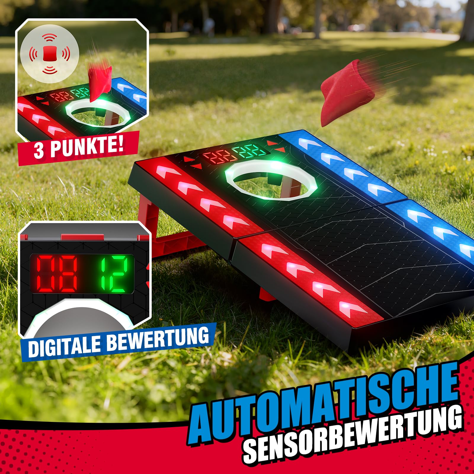 Cornhole Spiel Outdoor, Elektronisches Cornhole Set mit automatischer Punktezählung, LED & Musik, 2 Boards & 8 Säckchen, Sackloch Spiel für Garten, Camping, Kinder ab 8 & Erwachsene